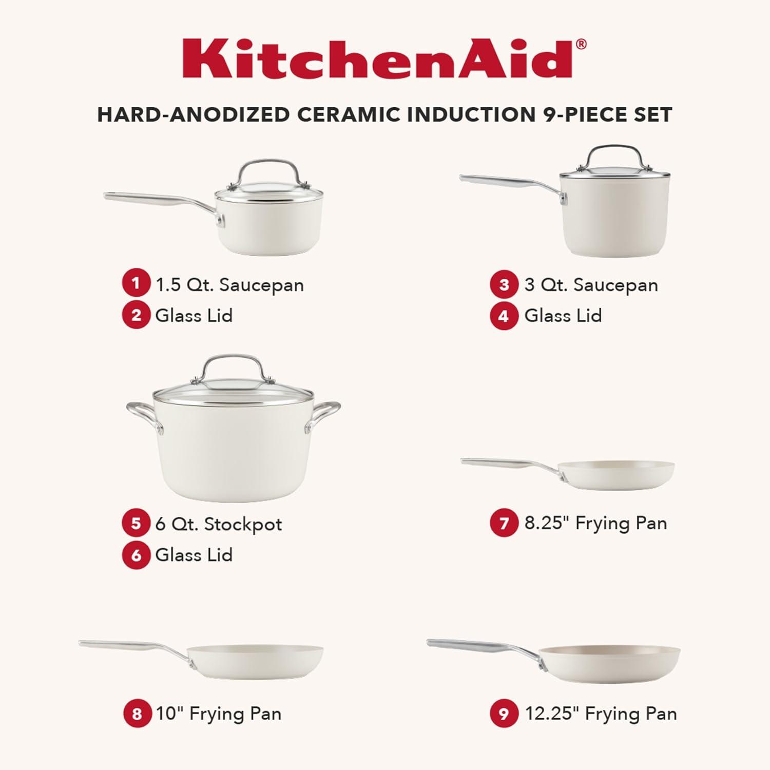 imageKitchenAid Hard Anodized Ceramic Induction Nonstick Pots and Pans with Saucepans Frying Pans Stockpot and Lids Dishwasher Safe 9 Piece Cookware Set with Stainless Steel Handles Porcelain WhitePorcelain