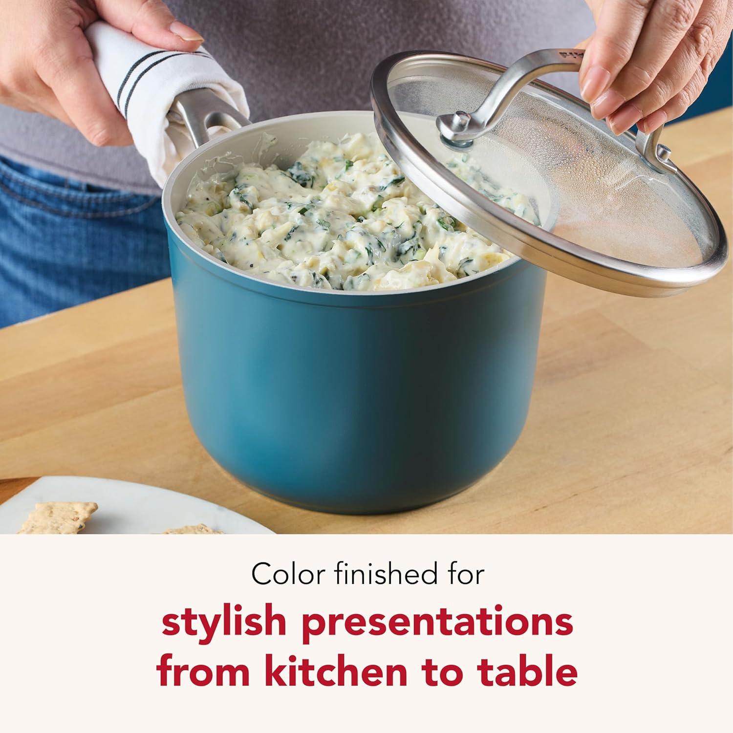 imageKitchenAid Hard Anodized Ceramic Induction Nonstick Pots and Pans with Saucepans Frying Pans Stockpot and Lids Dishwasher Safe 9 Piece Cookware Set with Stainless Steel Handles Porcelain WhiteAgave