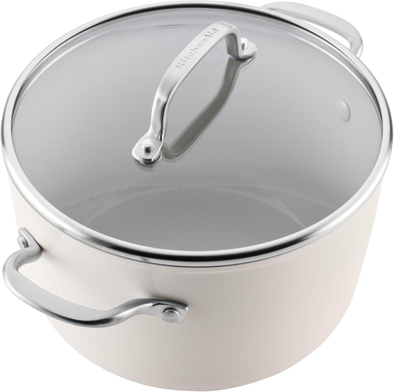 imageKitchenAid Hard Anodized Ceramic Induction Nonstick Pots and Pans with Saucepans Frying Pans Stockpot and Lids Dishwasher Safe 9 Piece Cookware Set with Stainless Steel Handles Porcelain WhitePorcelain