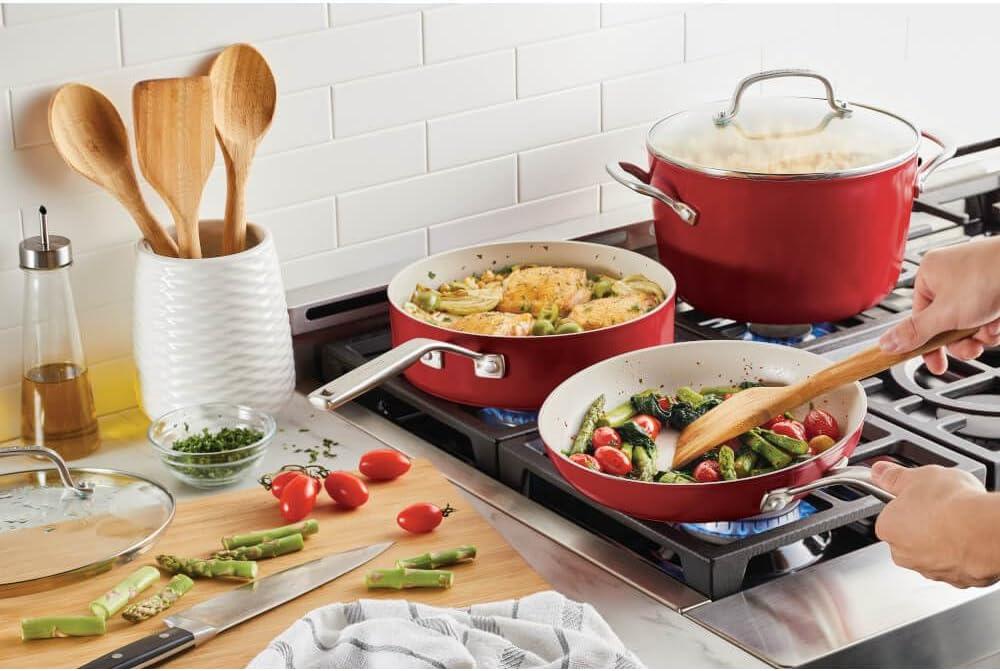 imageKitchenAid Hard Anodized Ceramic Induction Pots and Pans Dishwasher Safe Includes Saucepans Stockpot Saut Pan Frying PansSkillets and Lids 10 Piece Cookware Set Agave BlueEmpire Red