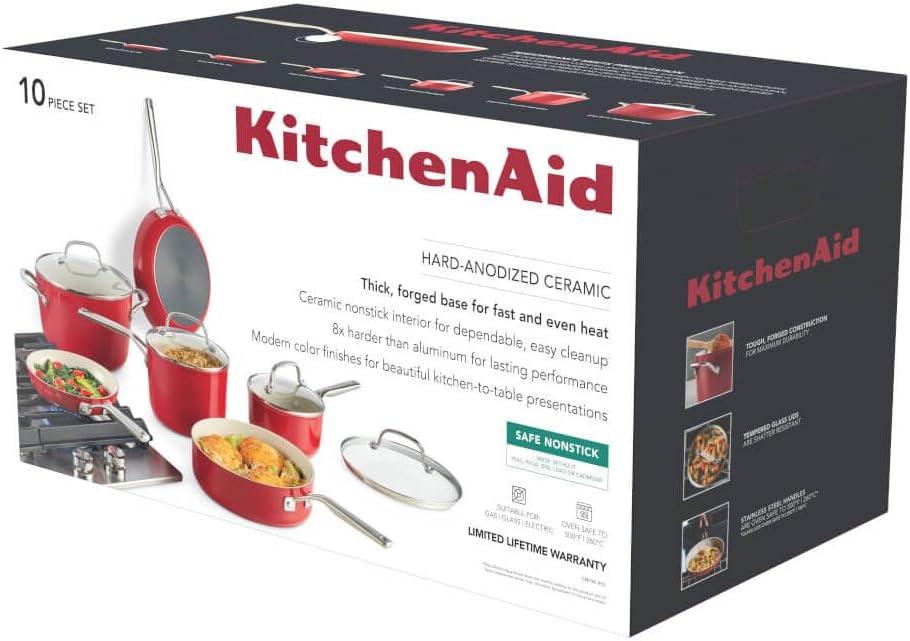 imageKitchenAid Hard Anodized Ceramic Induction Pots and Pans Dishwasher Safe Includes Saucepans Stockpot Saut Pan Frying PansSkillets and Lids 10 Piece Cookware Set Agave BlueEmpire Red