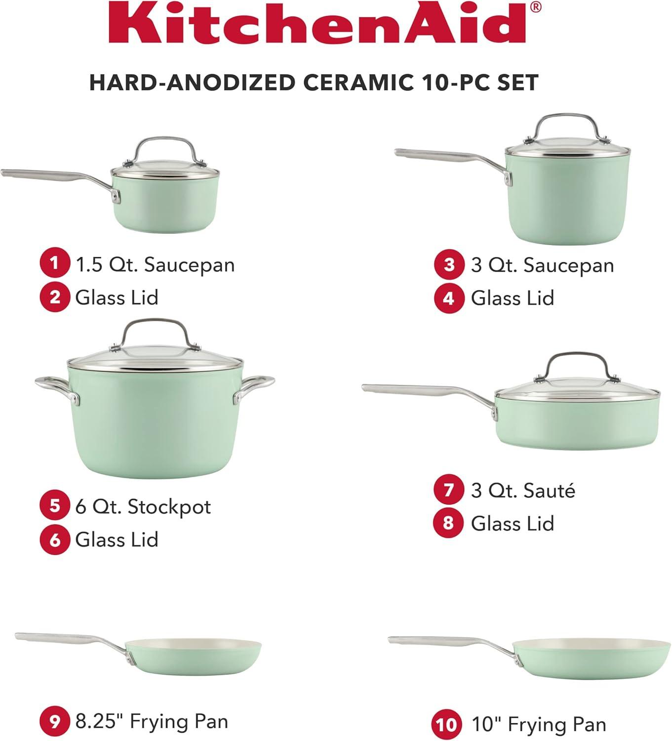 imageKitchenAid Hard Anodized Ceramic Induction Pots and Pans Dishwasher Safe Includes Saucepans Stockpot Saut Pan Frying PansSkillets and Lids 10 Piece Cookware Set Agave BluePistachio