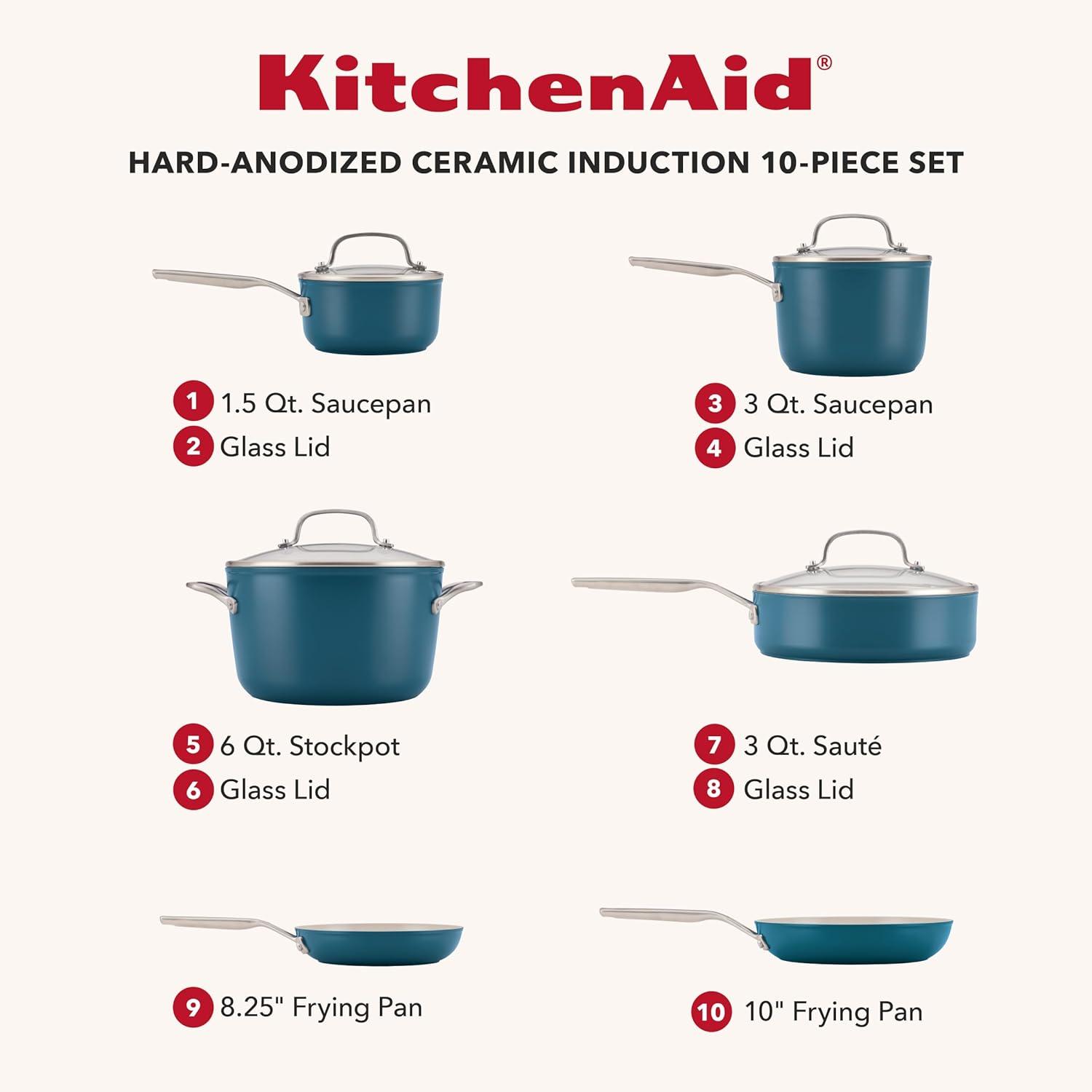 imageKitchenAid Hard Anodized Ceramic Induction Pots and Pans Dishwasher Safe Includes Saucepans Stockpot Saut Pan Frying PansSkillets and Lids 10 Piece Cookware Set Agave BlueAgave