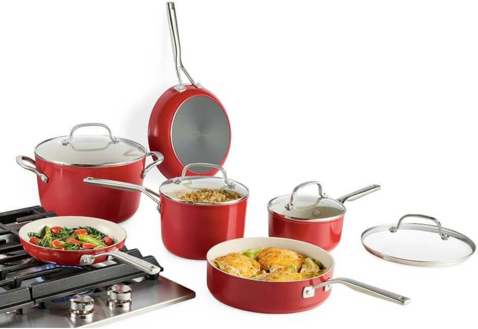 imageKitchenAid Hard Anodized Ceramic Induction Pots and Pans Dishwasher Safe Includes Saucepans Stockpot Saut Pan Frying PansSkillets and Lids 10 Piece Cookware Set Agave BlueEmpire Red