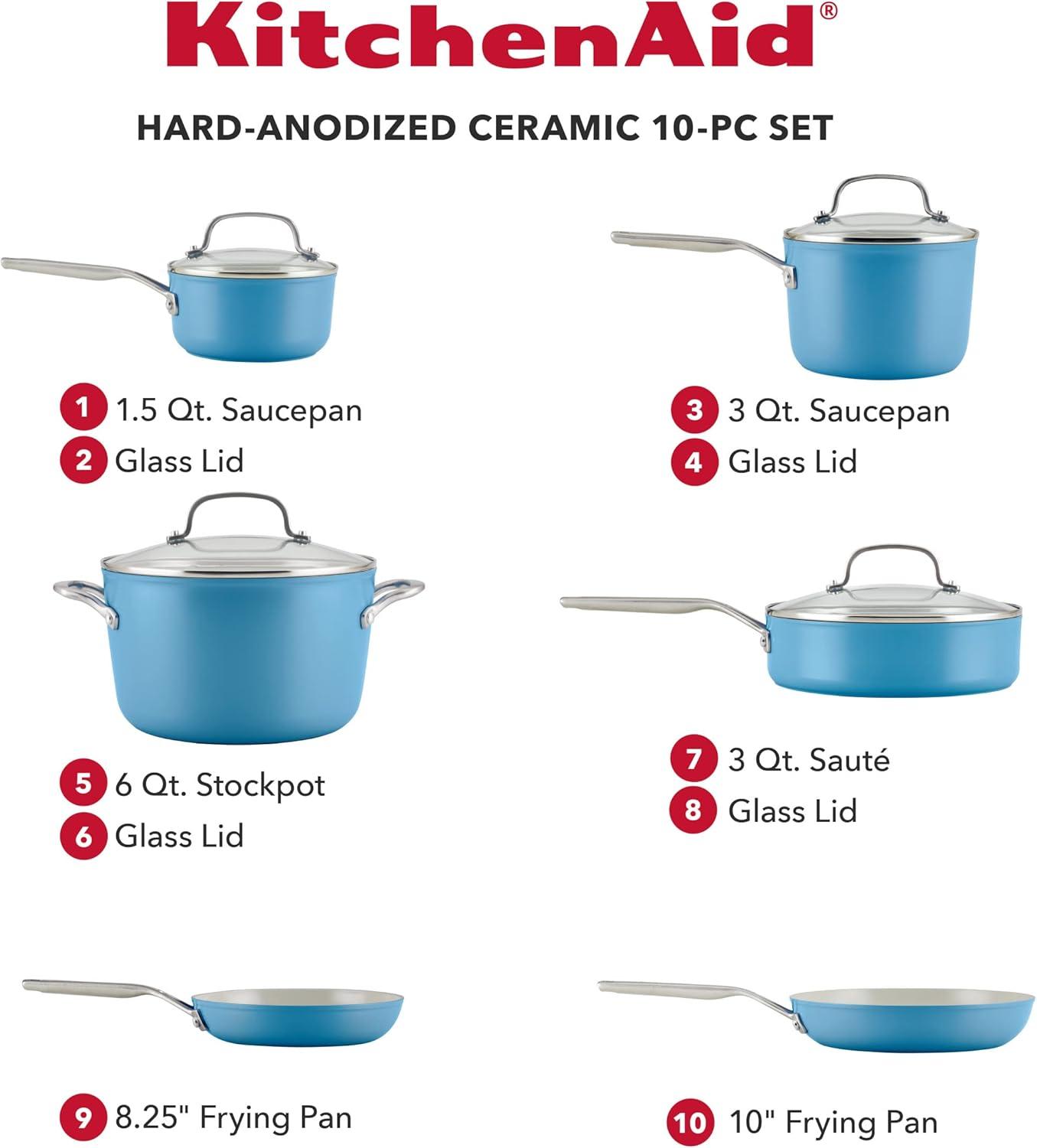 imageKitchenAid Hard Anodized Ceramic Induction Pots and Pans Dishwasher Safe Includes Saucepans Stockpot Saut Pan Frying PansSkillets and Lids 10 Piece Cookware Set Agave BlueBlue Velvet