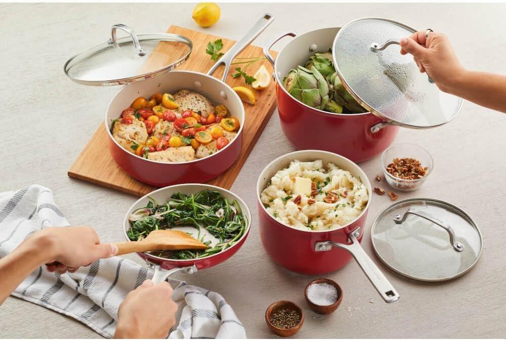 imageKitchenAid Hard Anodized Ceramic Induction Pots and Pans Dishwasher Safe Includes Saucepans Stockpot Saut Pan Frying PansSkillets and Lids 10 Piece Cookware Set Agave BlueEmpire Red