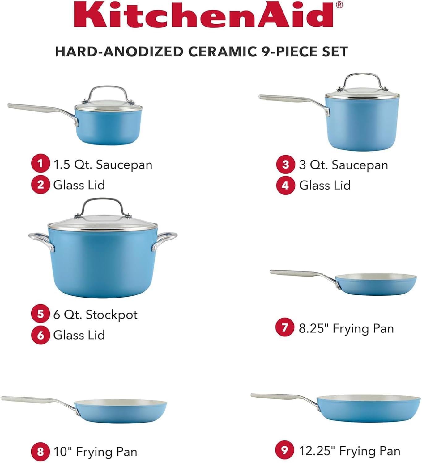 imageKitchenAid Hard Anodized Ceramic Nonstick Cookware Pots and Pans Set 9 Piece Matte BlackBlue Velvet