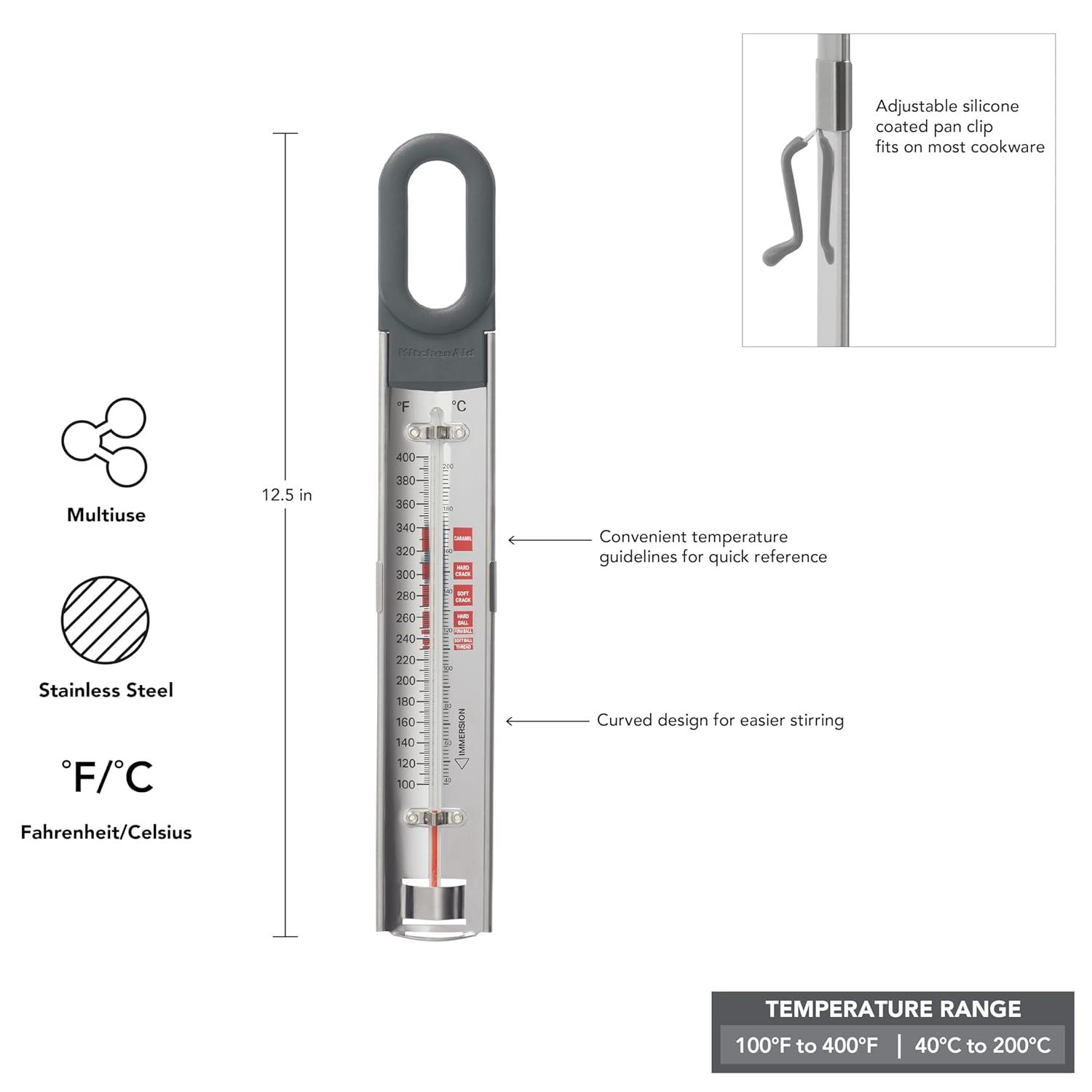imageKitchenAid KQ907MW Curved Candy Deep Fry and Craft Thermometer Adjustable Silicone Coated Pan Clip Mineral Water HandleCharcoal Gray