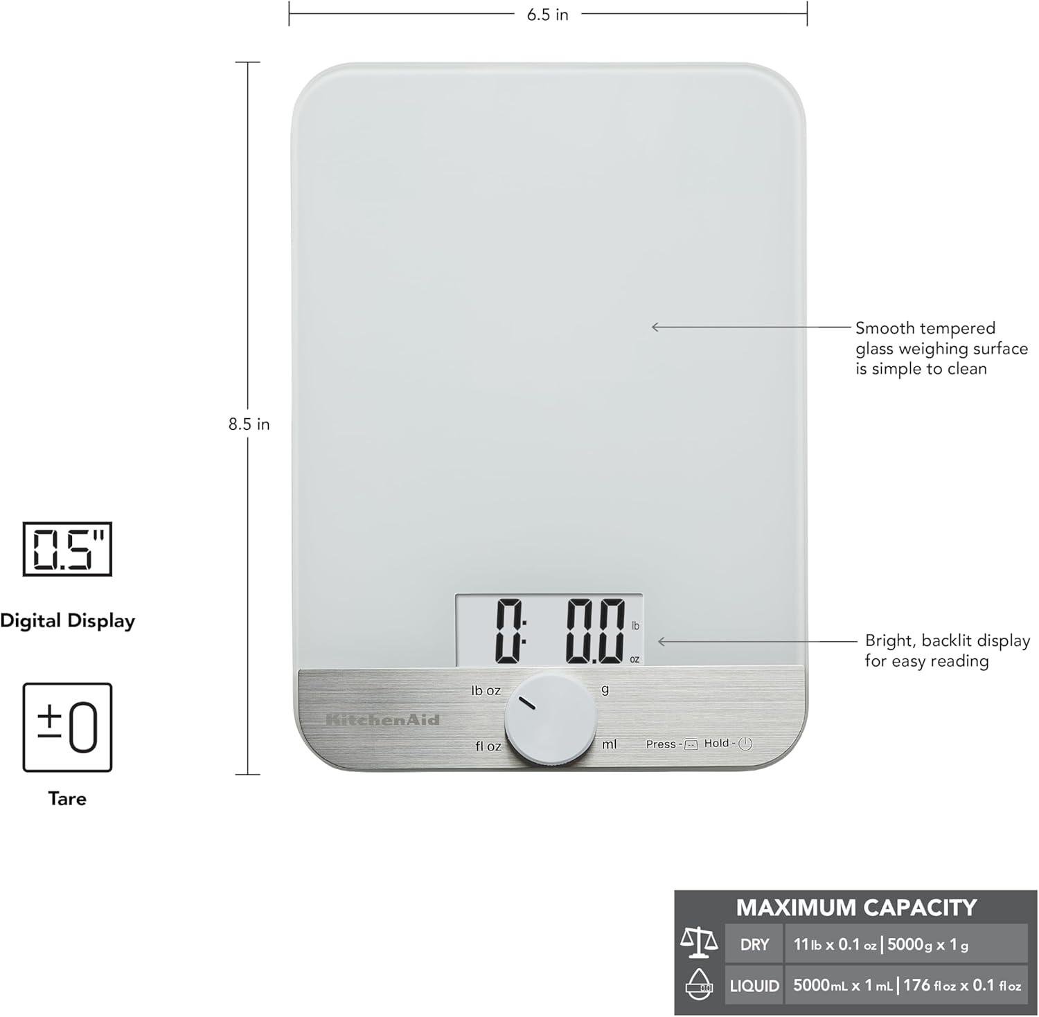 imageKitchenAid KQ908 Glass Surface 11 Pound Capacity Digital Kitchen and Food Scale White