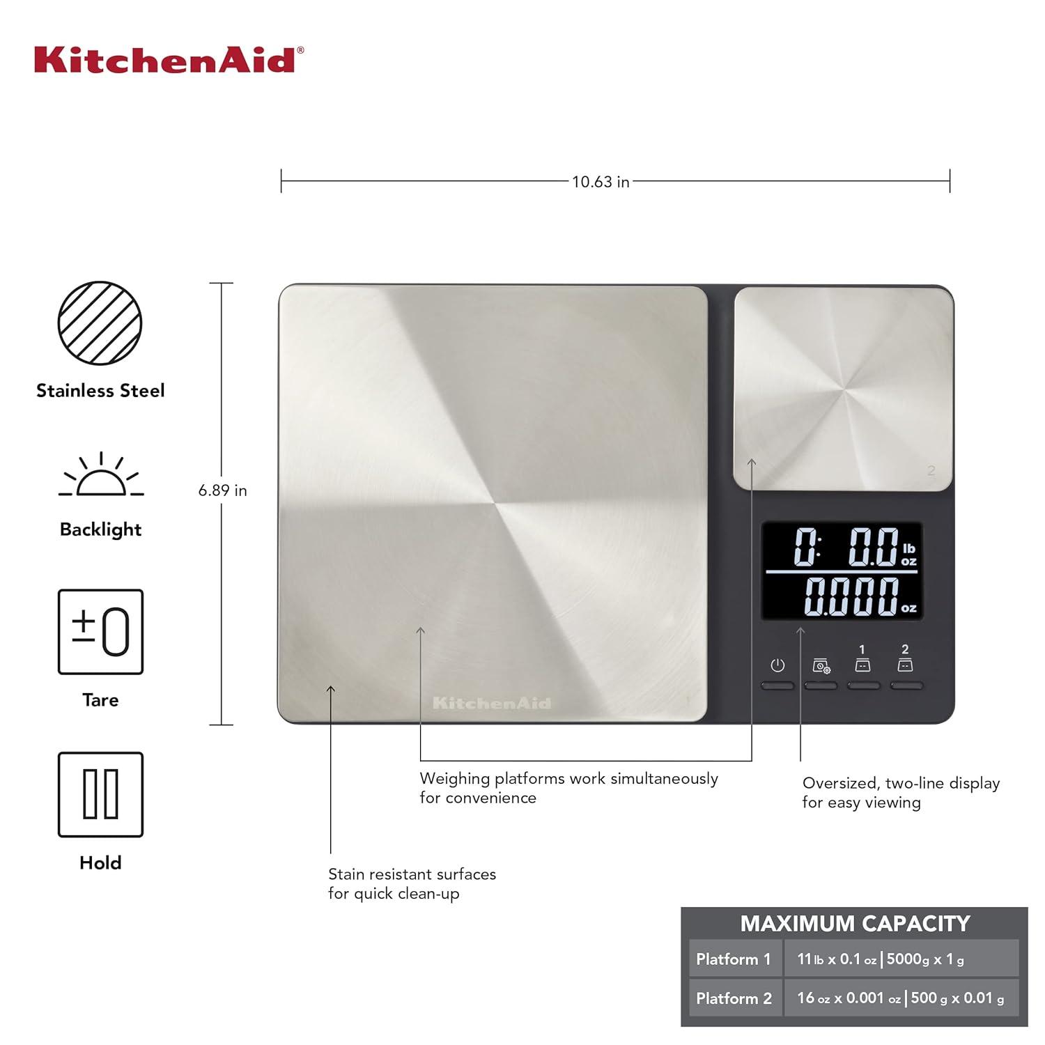 imageKitchenAid KQ909 Dual Platform Digital Kitchen and Food Scale 11 pound capacity and Precision 16oz capacity Black with Stainless SteelBlack