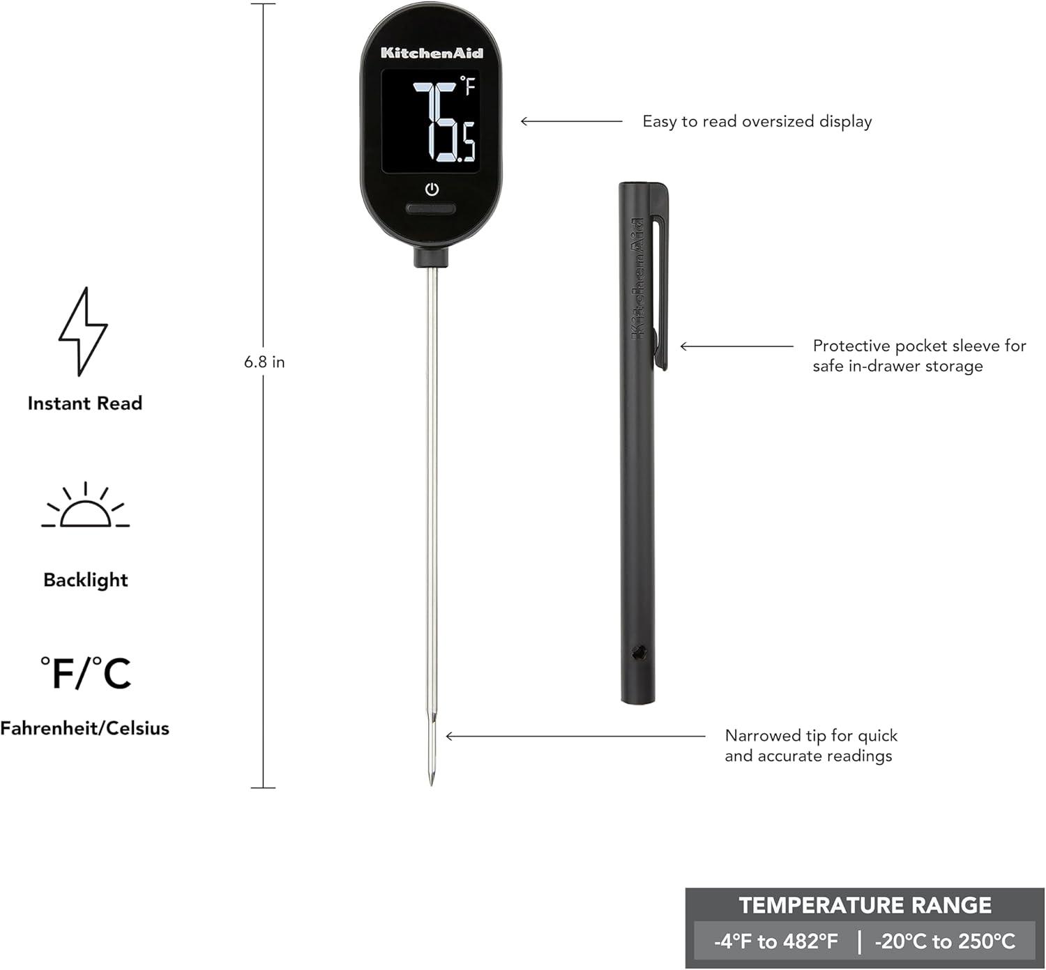 imageKitchenAid KQ910 Backlit Instant Read Digital Food Kitchen Grill Thermometer Meat and Cooking Wireless Thermometerer Black