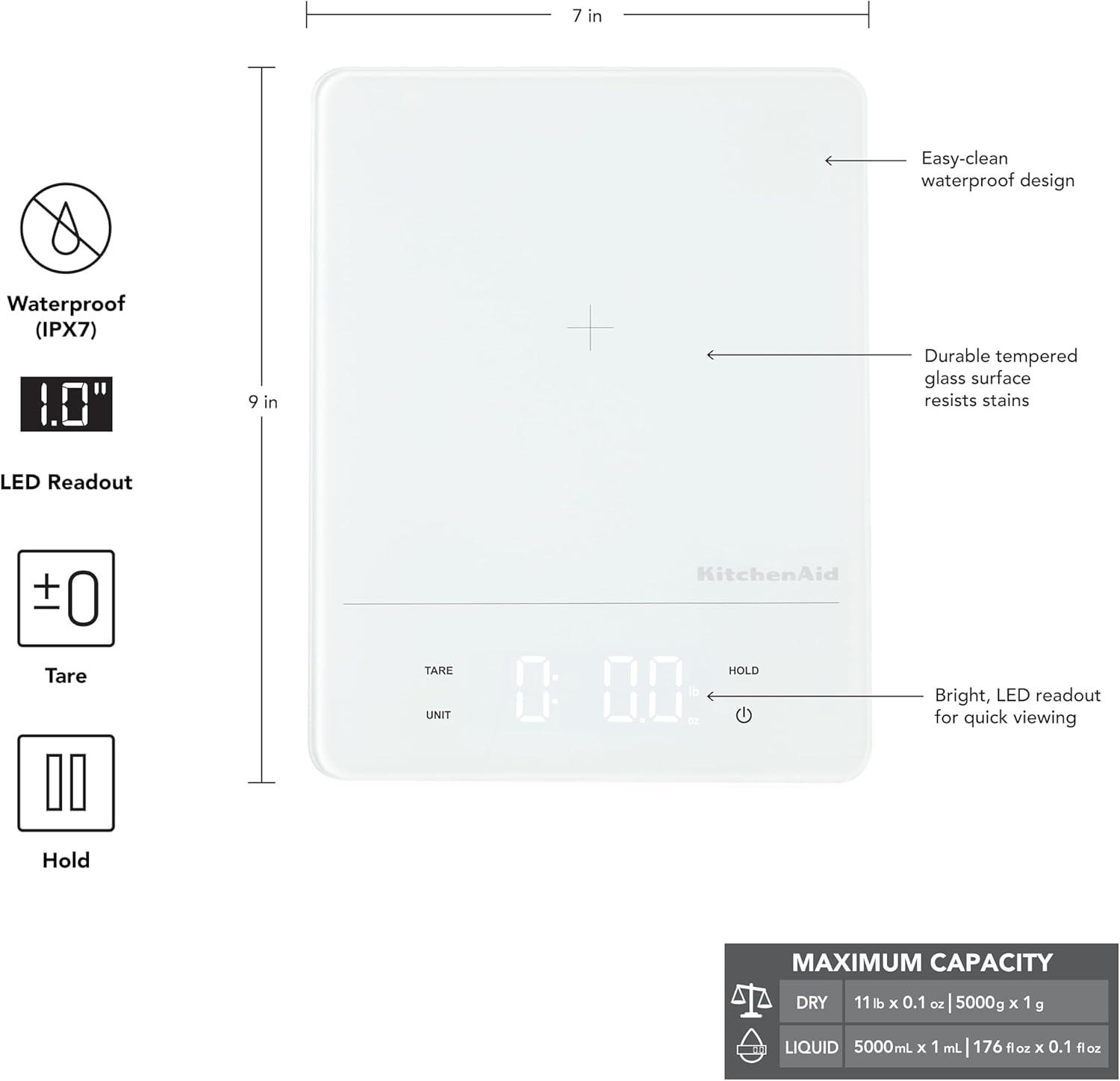 imageKitchenAid KQ913 Digital Waterproof IPx7 Kitchen and Food Scale LED readout 11 Pound Max Capacity WhiteWhite