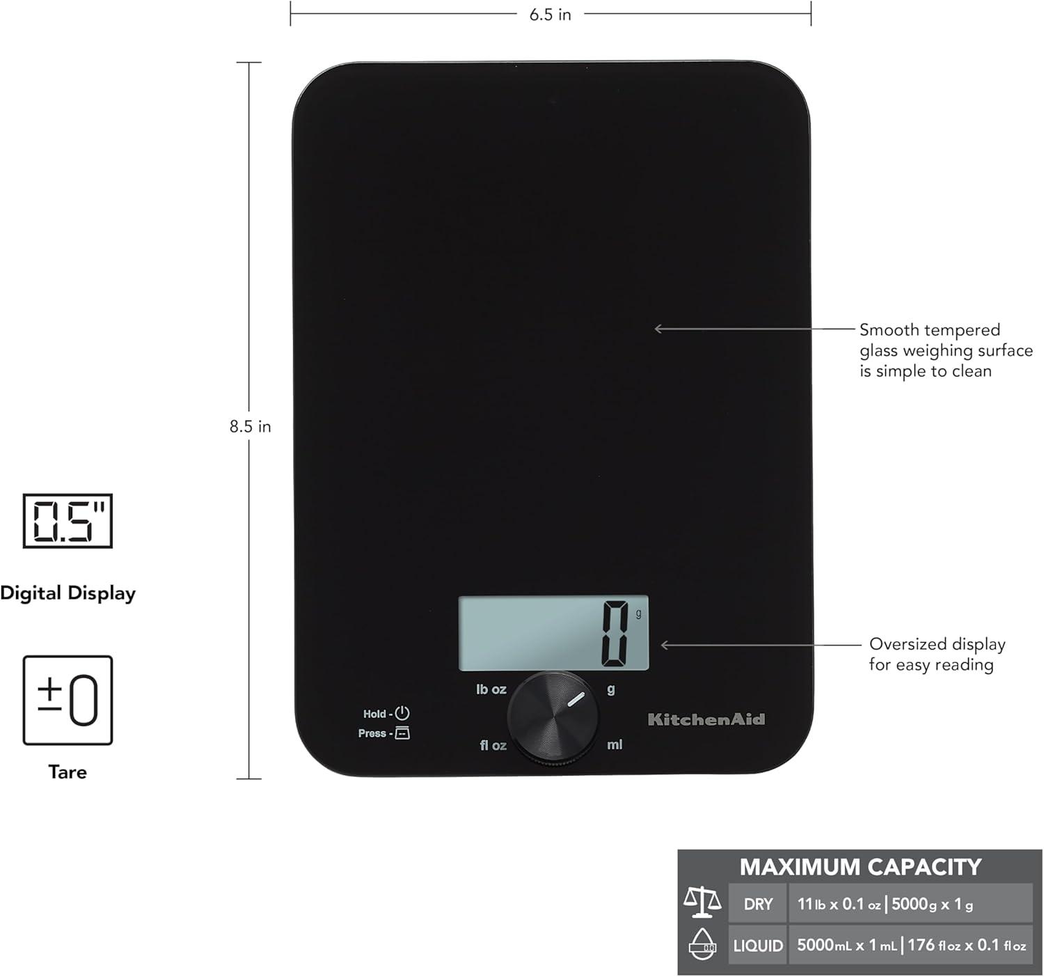 imageKitchenAid KQ914WH Glass Surface 11 Pound Capacity Digital Kitchen and Food Scale Scale for Food Ounces and Grams Dry and Liquid Ingredients WhiteBlack