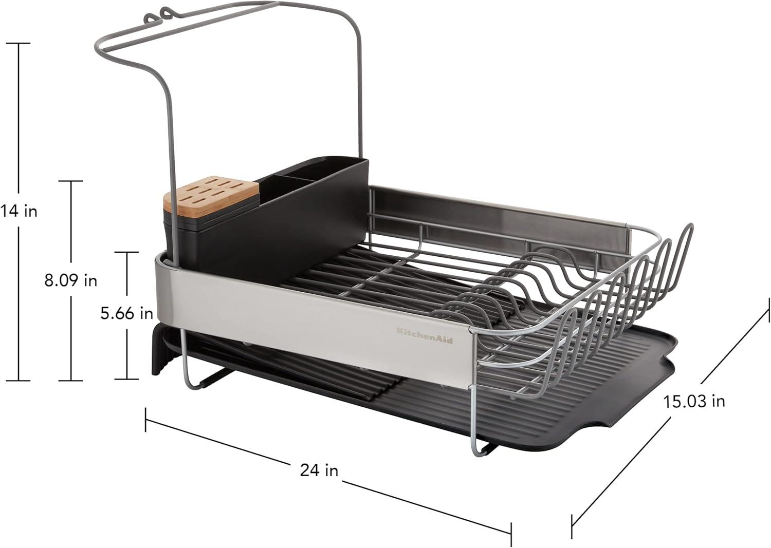 imageKitchenAid Large Capacity Full Size Rust Resistant Dish Rack with Angled Drain Board and Removable Flatware Caddy Light GreyBlack