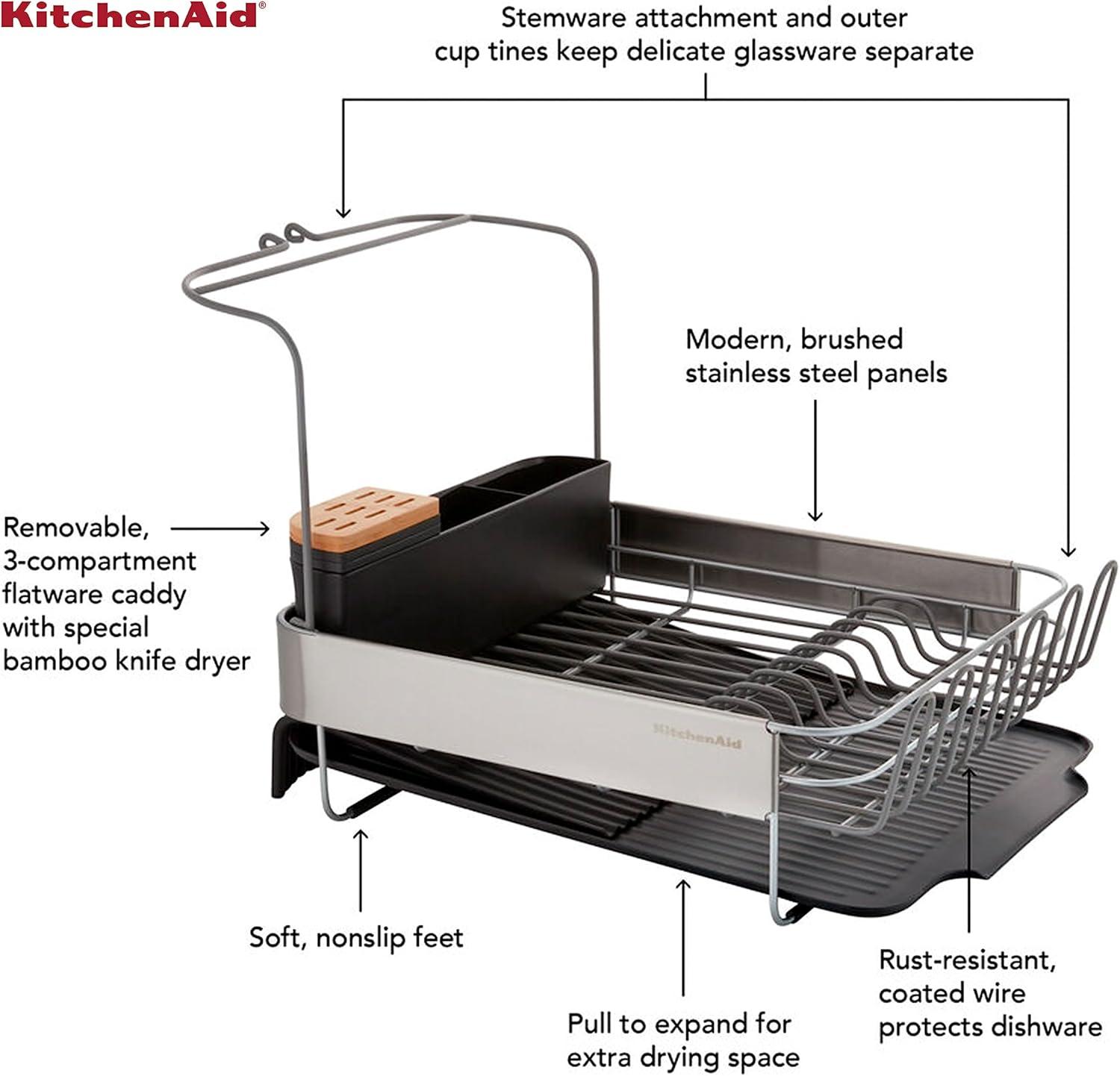 imageKitchenAid Large Capacity Full Size Rust Resistant Dish Rack with Angled Drain Board and Removable Flatware Caddy Light GreyBlack