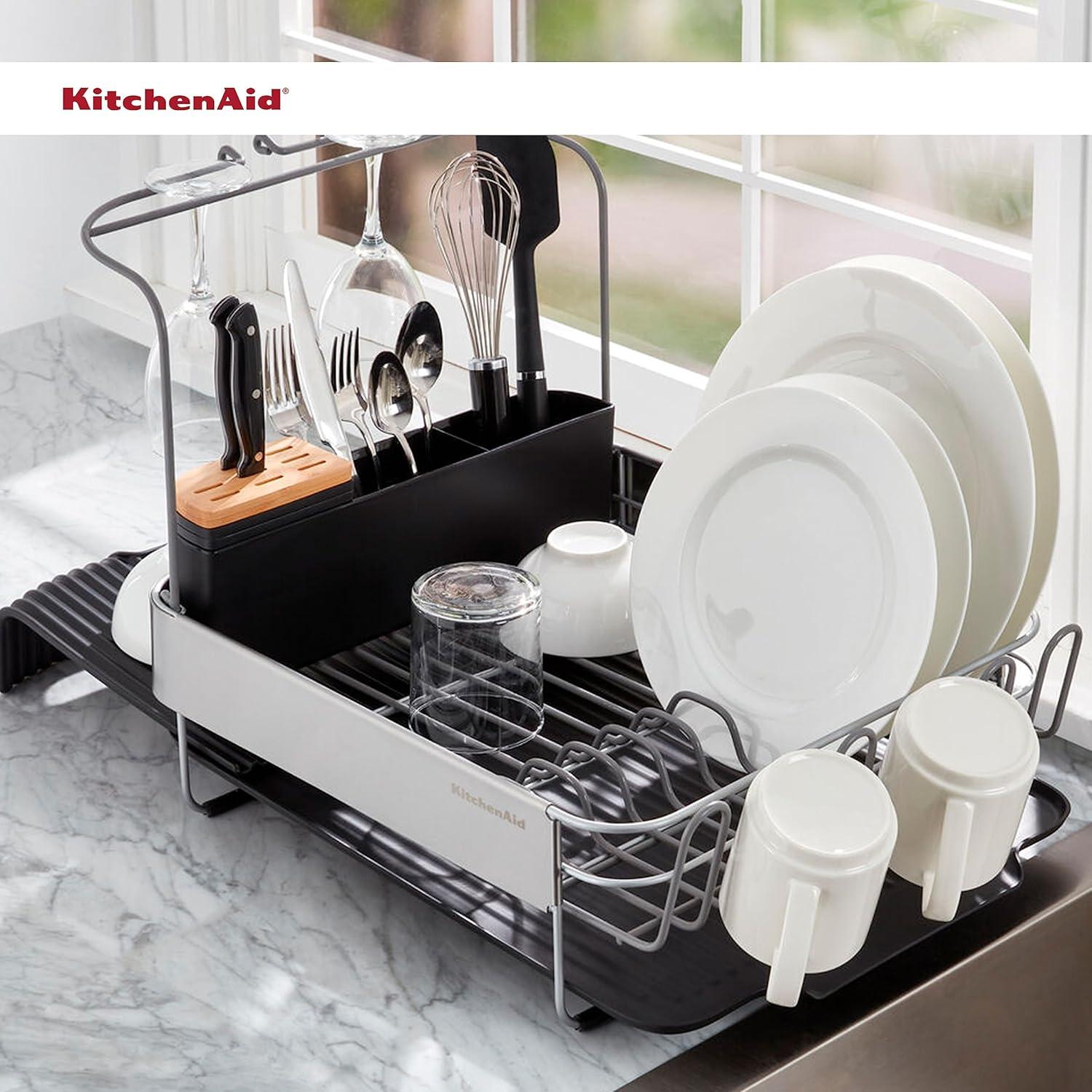 imageKitchenAid Large Capacity Full Size Rust Resistant Dish Rack with Angled Drain Board and Removable Flatware Caddy Light GreyBlack