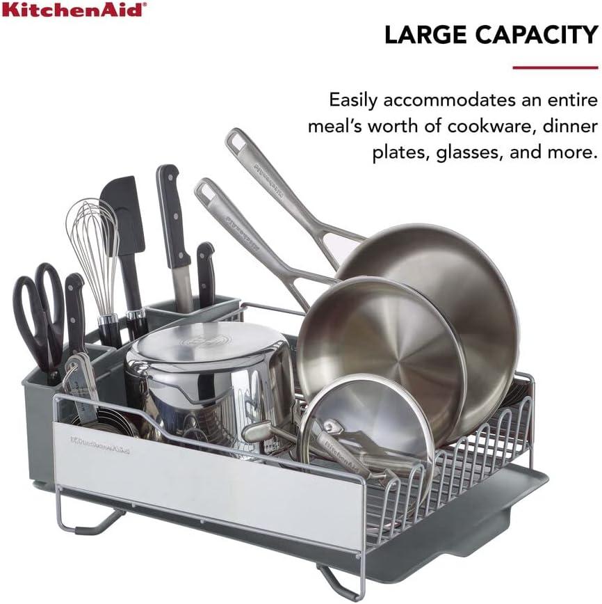 imageKitchenAid Large Capacity Full Size Rust Resistant Dish Rack with Angled Drain Board and Removable Flatware Caddy Light GreyGray