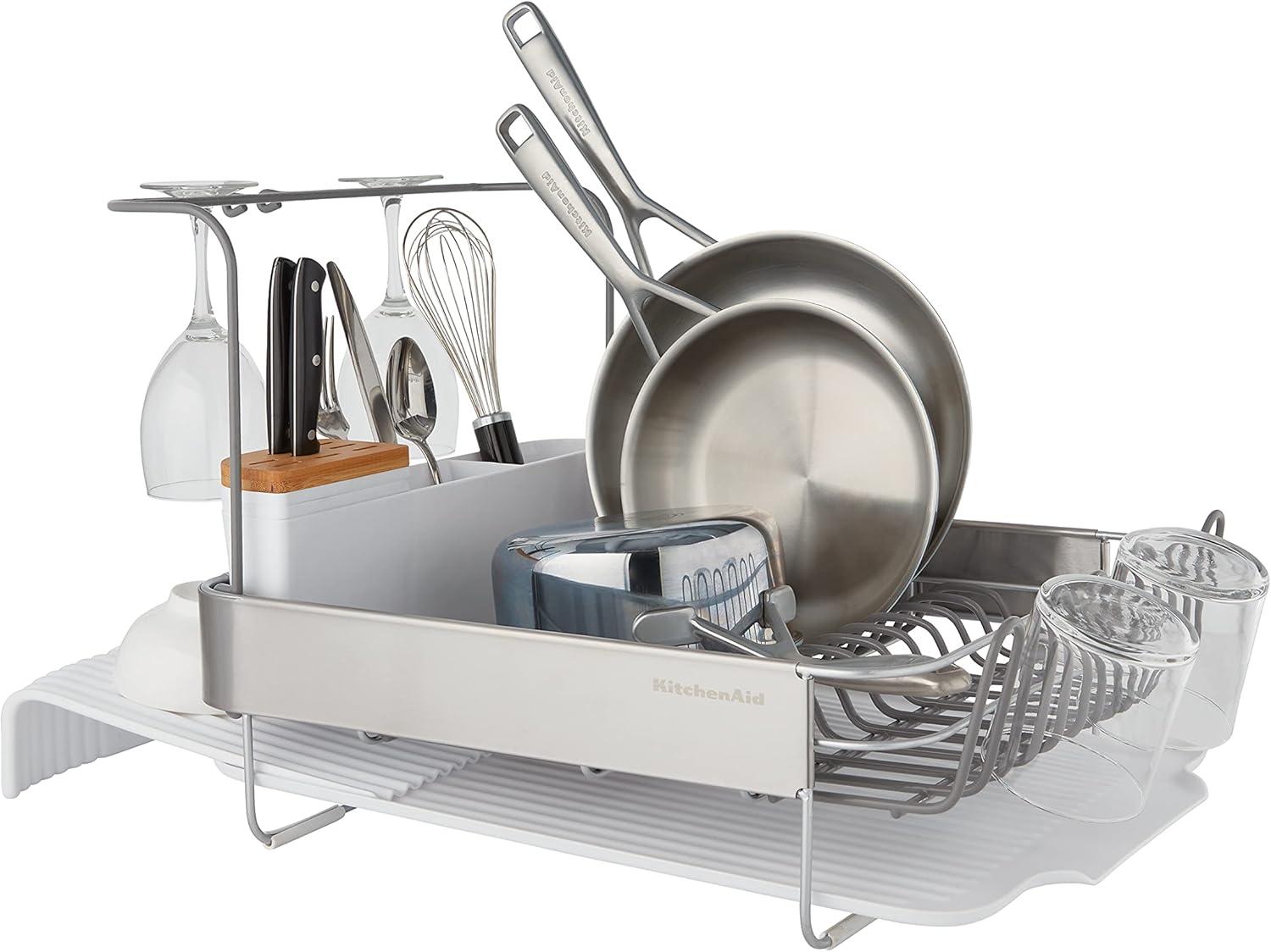 imageKitchenAid Large Capacity Full Size Rust Resistant Dish Rack with Angled Drain Board and Removable Flatware Caddy Light GreyGray