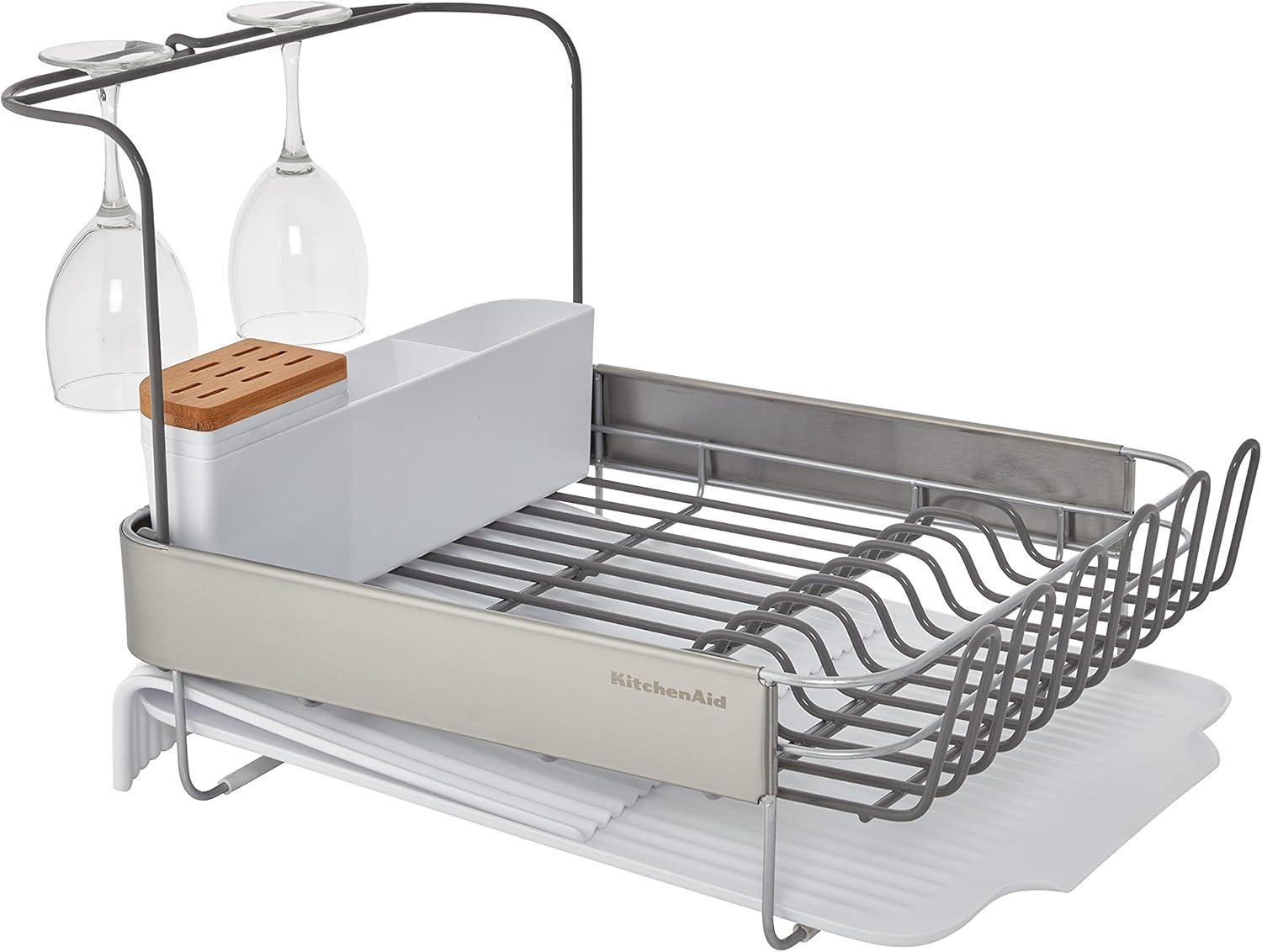 imageKitchenAid Large Capacity Full Size Rust Resistant Dish Rack with Angled Drain Board and Removable Flatware Caddy Light GreyGray