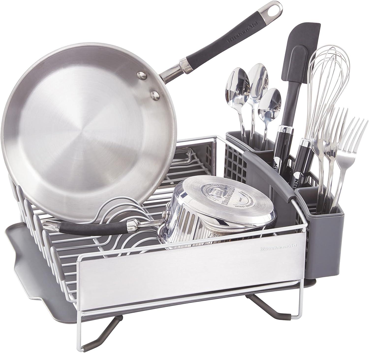 imageKitchenAid Large Capacity Full Size Rust Resistant Dish Rack with Angled Drain Board and Removable Flatware Caddy Light GreyGray