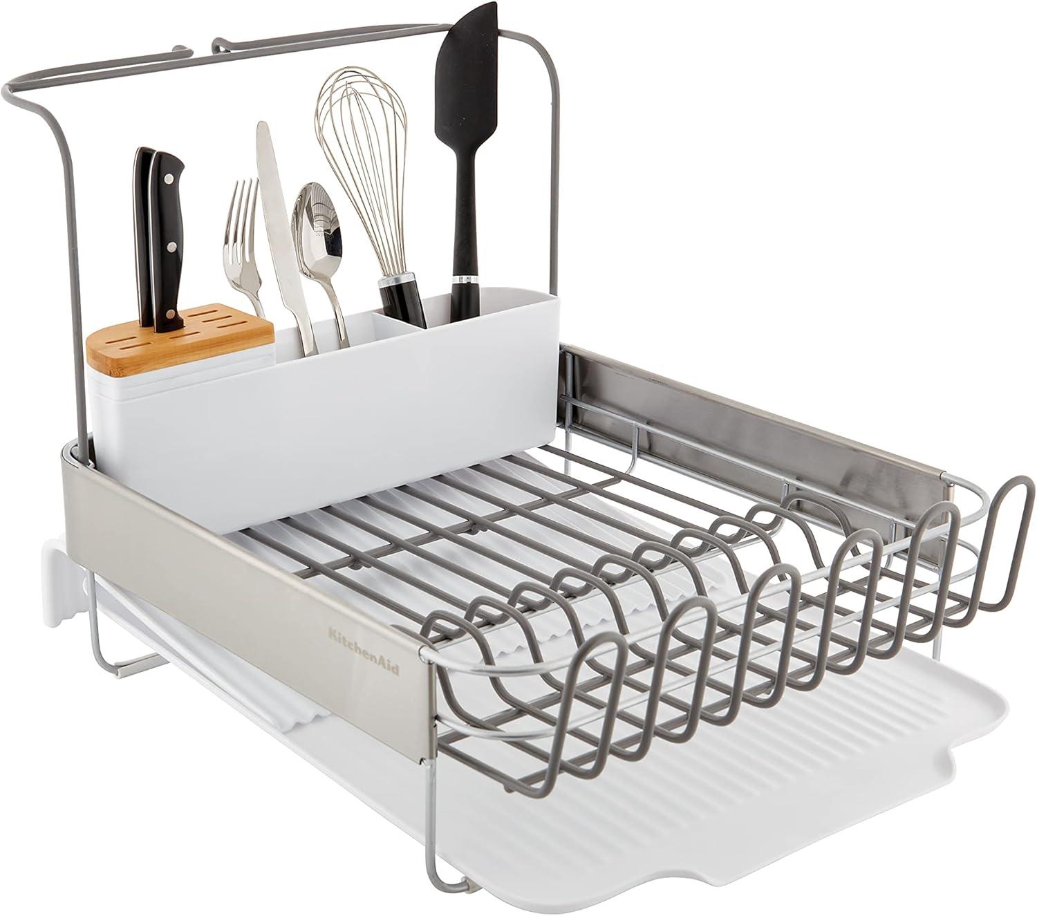 imageKitchenAid Large Capacity Full Size Rust Resistant Dish Rack with Angled Drain Board and Removable Flatware Caddy Light GreyGray