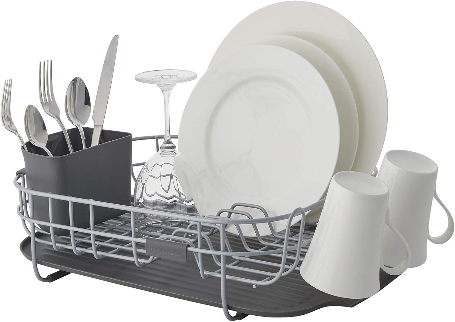 imageKitchenAid Large Capacity Full Size Rust Resistant Dish Rack with Angled Drain Board and Removable Flatware Caddy Light GreyGray