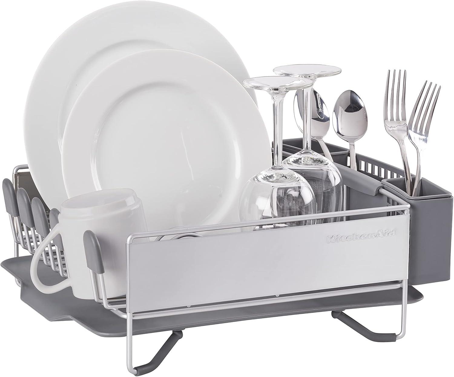 imageKitchenAid Large Capacity Full Size Rust Resistant Dish Rack with Angled Drain Board and Removable Flatware Caddy Light GreyGray