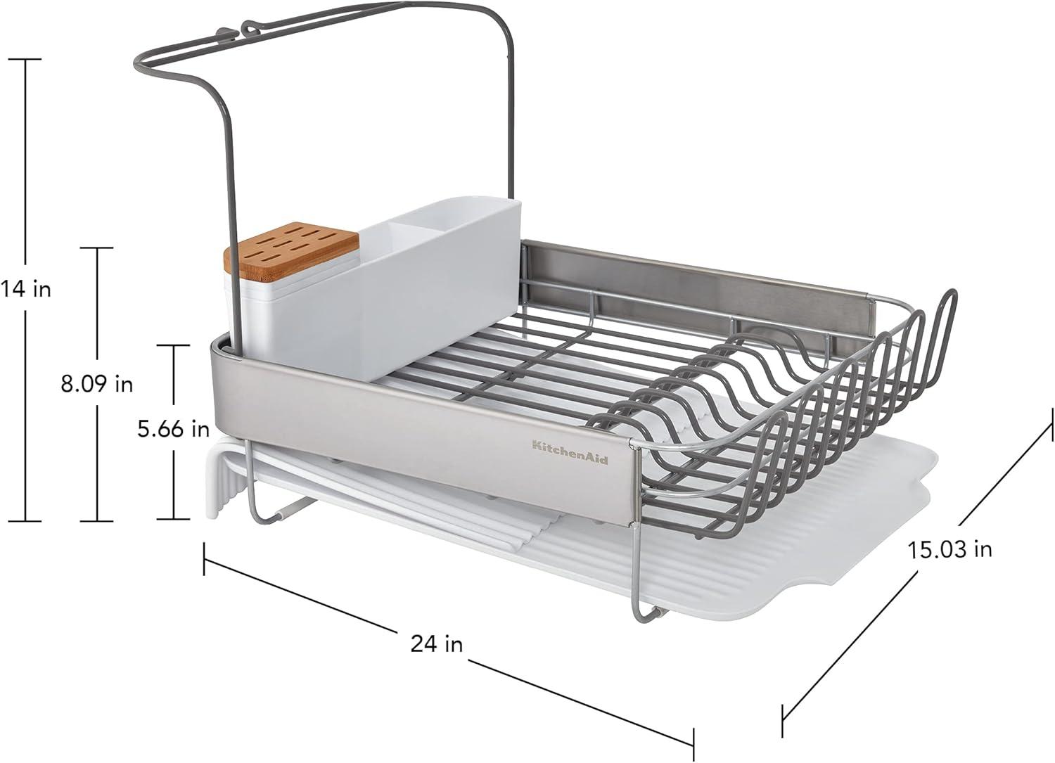 imageKitchenAid Large Capacity Full Size Rust Resistant Dish Rack with Angled Drain Board and Removable Flatware Caddy Light GreyGray