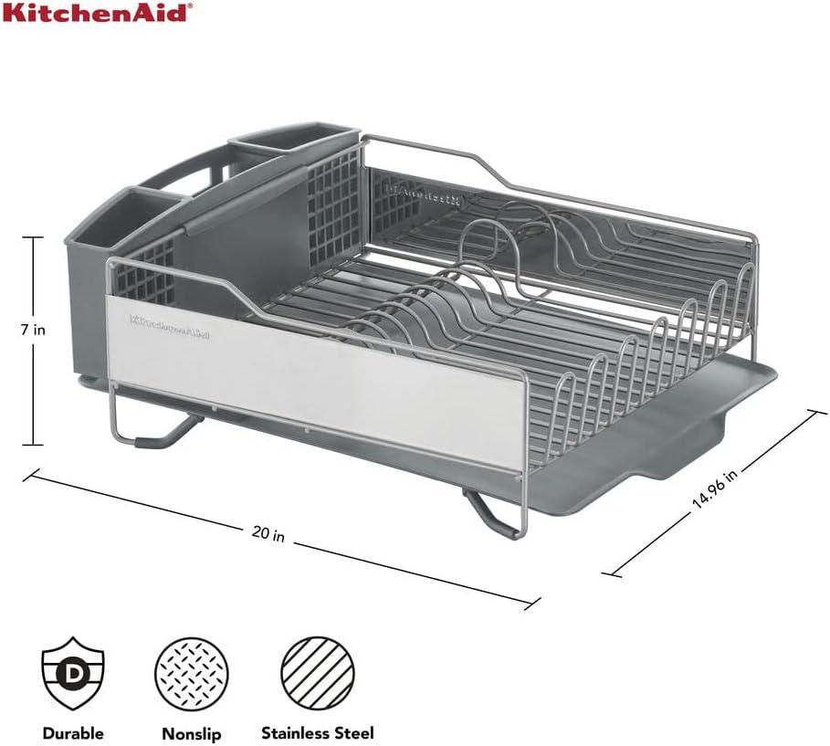 imageKitchenAid Large Capacity Full Size Rust Resistant Dish Rack with Angled Drain Board and Removable Flatware Caddy Light GreyGray