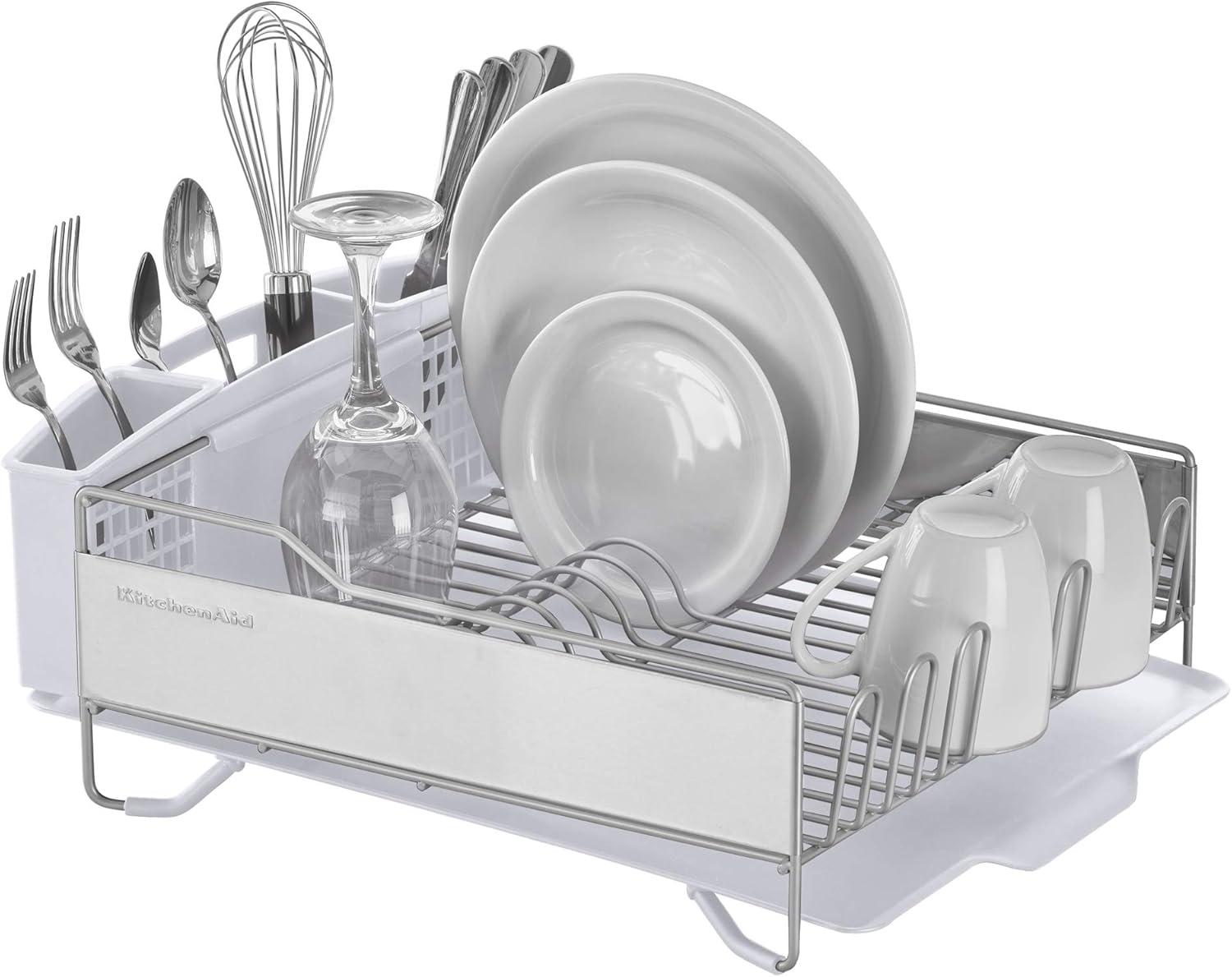 imageKitchenAid Large Capacity Full Size Rust Resistant Dish Rack with Angled Drain Board and Removable Flatware Caddy Light GreyWhite