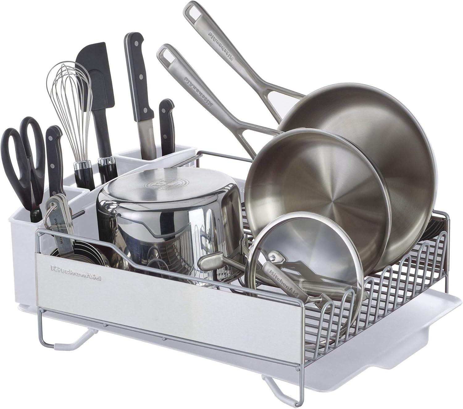 imageKitchenAid Large Capacity Full Size Rust Resistant Dish Rack with Angled Drain Board and Removable Flatware Caddy Light GreyWhite