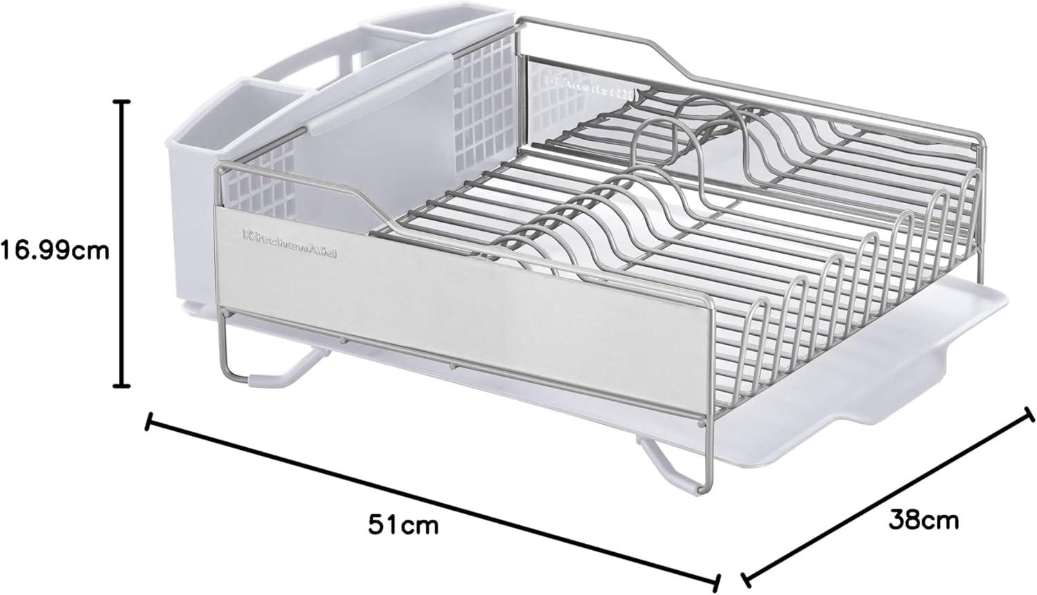 imageKitchenAid Large Capacity Full Size Rust Resistant Dish Rack with Angled Drain Board and Removable Flatware Caddy Light GreyWhite