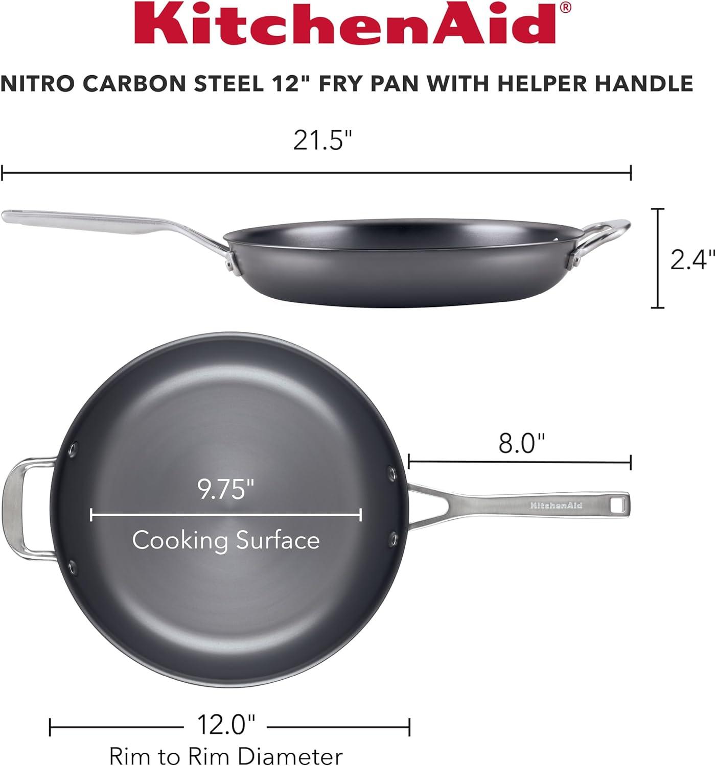 imageKitchenAid NITRO Carbon Steel Frying PanSkillet Stainless Steel Handle Compatible with All Cooktops 10 Inch Open Fry Pan BlackSkillet 12 Inch w helper handle
