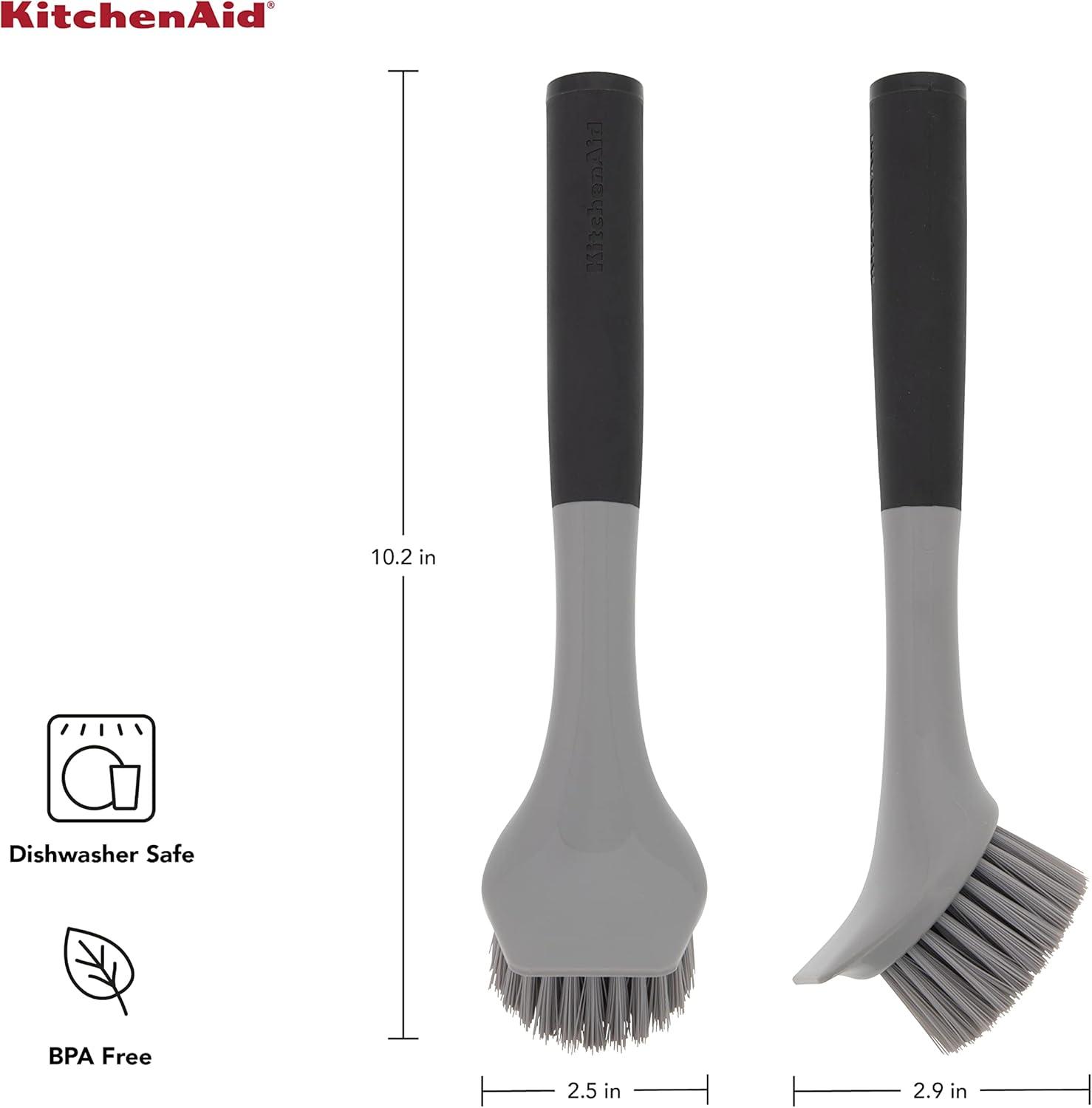 imageKitchenAid Palm Brush with Dish Tray to Keep Countertops Dry and Clean Durable Nylon Bristles for Tough Cleaning Dishwasher Safe 2 Piece BlackBlack and Gray
