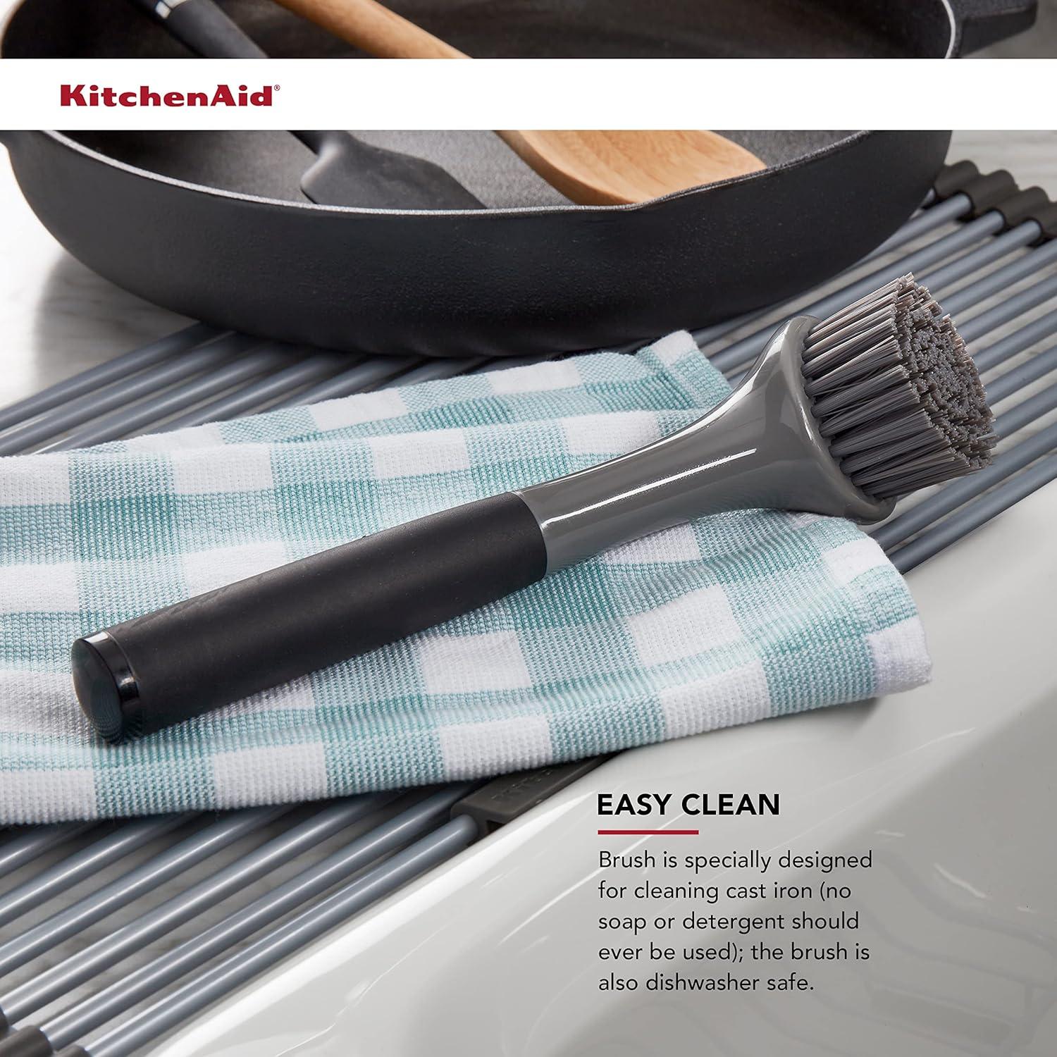 imageKitchenAid Palm Brush with Dish Tray to Keep Countertops Dry and Clean Durable Nylon Bristles for Tough Cleaning Dishwasher Safe 2 Piece BlackBlack and Gray