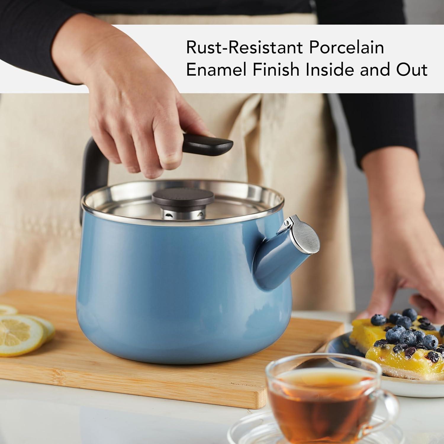 imageKitchenAid Teakettles EnamelonSteel Stovetop Whistling Teakettle Induction Ready Stainless steel Lid 2 Quart Blue VelvetBlue Velvet