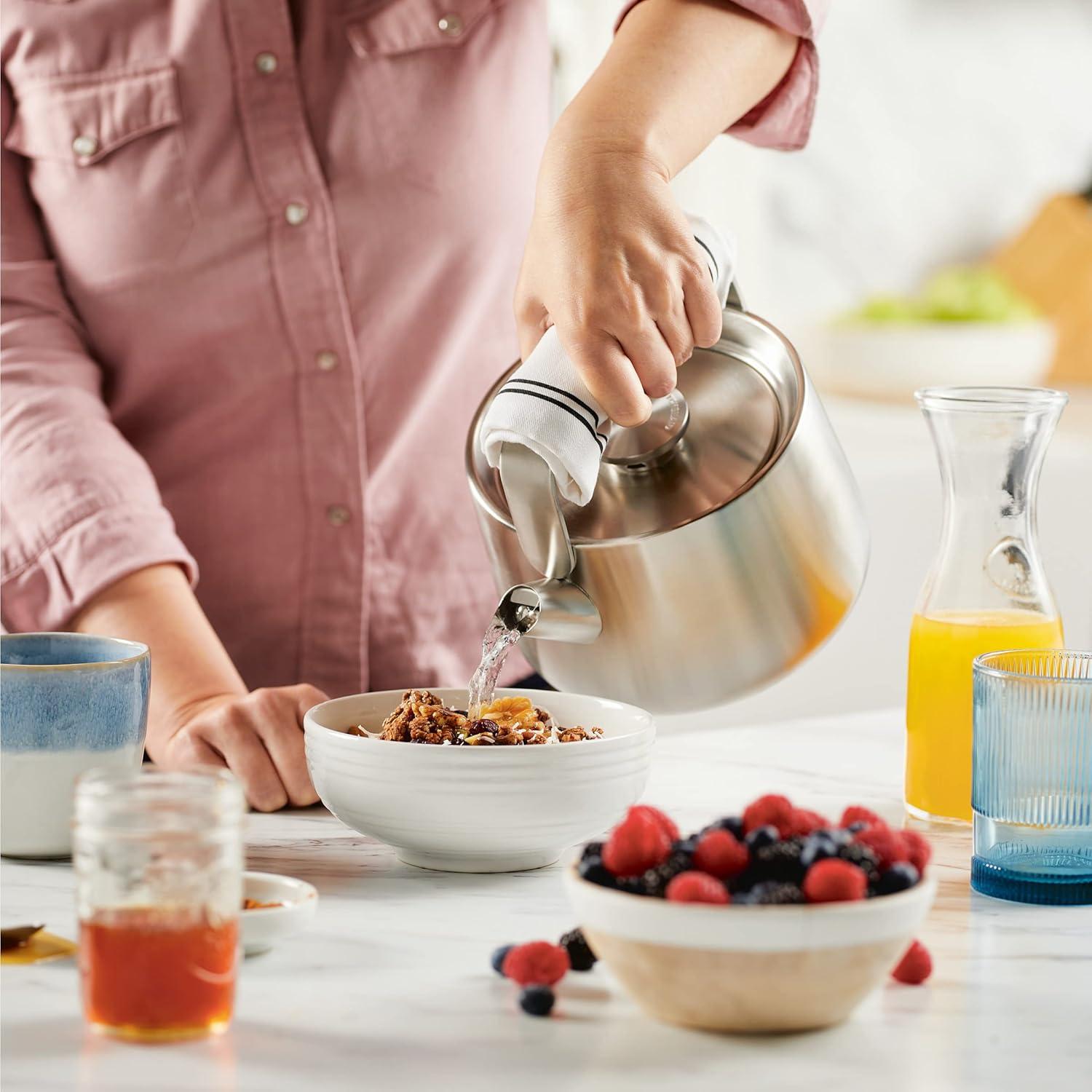 imageKitchenAid Teakettles EnamelonSteel Stovetop Whistling Teakettle Induction Ready Stainless steel Lid 2 Quart WhiteBrushed Stainless Steel