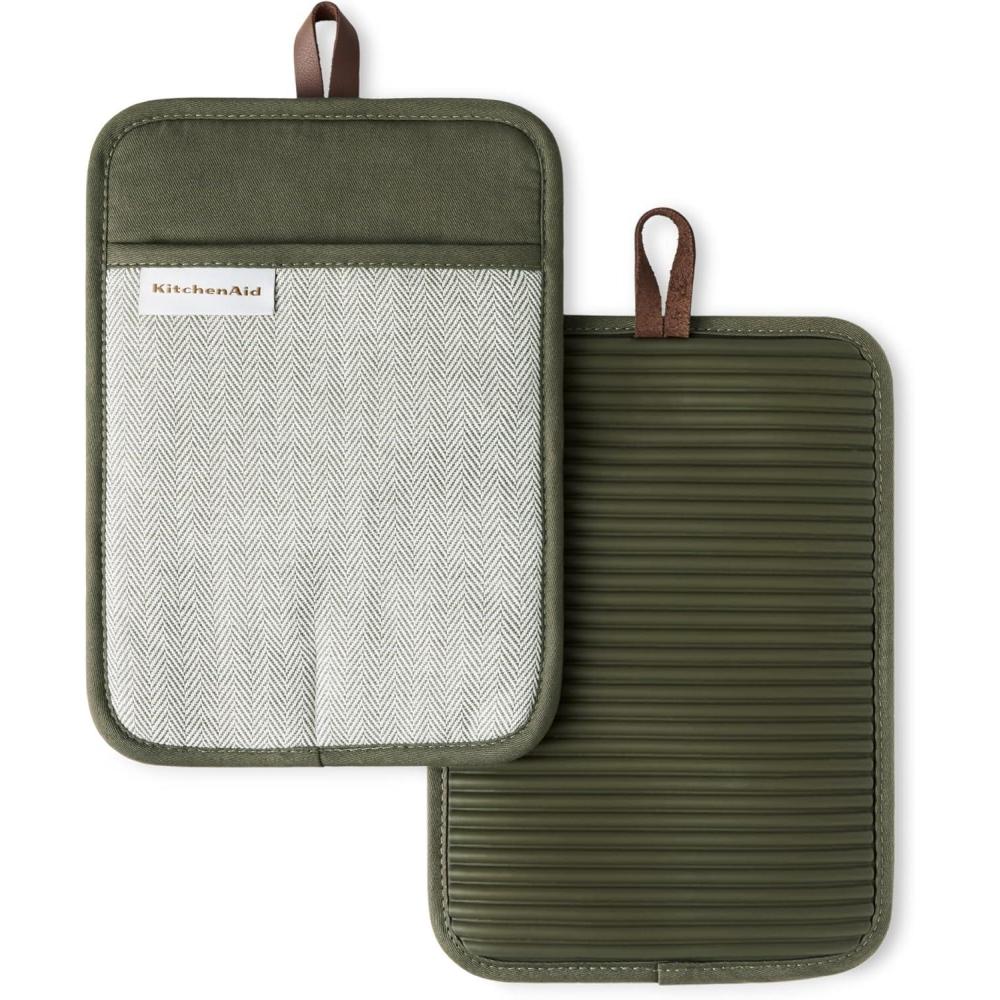 imageKITCHENAID Evergreen Design Series Herringbone Ribbed Soft Silicone Pot Holders 2Pack Set Heat Resistant up to 500F Flexible ampamp Waterproof Deep Forest Green 7quotx10quot