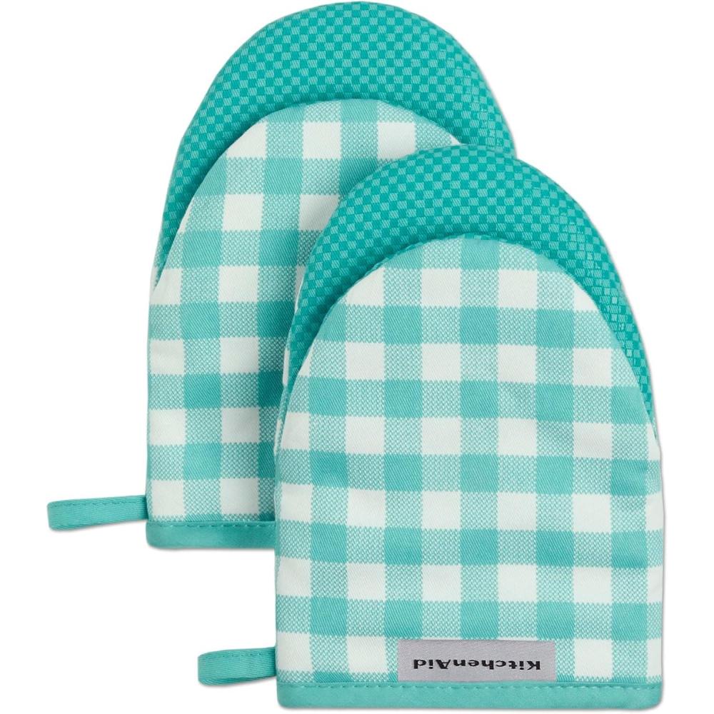 imageKITCHENAID Gingham Mini Oven Mitt 2Pack Set Matte Black 55quotx8quotAqua Sky