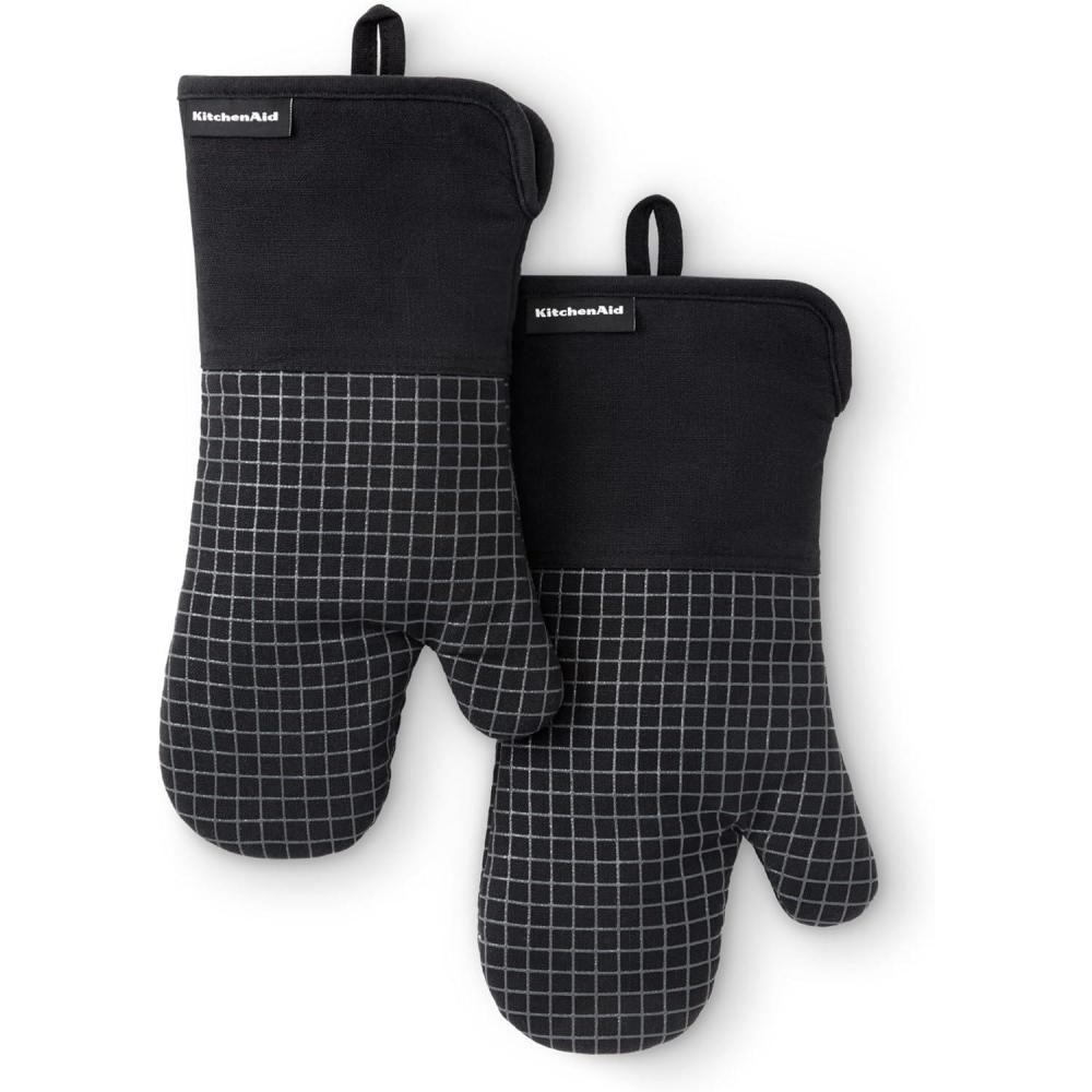 imageKITCHENAID Gourmet Series Gridlines Oven Mitts 2Pack Set Heat Resistant up to 600F Soft Silicone Grip Magnetic Cuff Mineral Water Aqua 7quotx14quotMatte Black