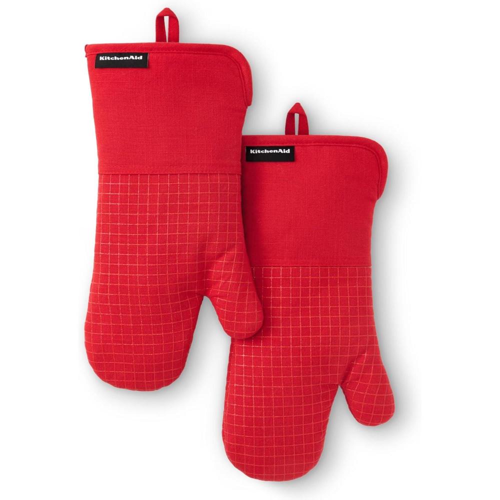 imageKITCHENAID Gourmet Series Gridlines Oven Mitts 2Pack Set Heat Resistant up to 600F Soft Silicone Grip Magnetic Cuff Mineral Water Aqua 7quotx14quotPassion Red