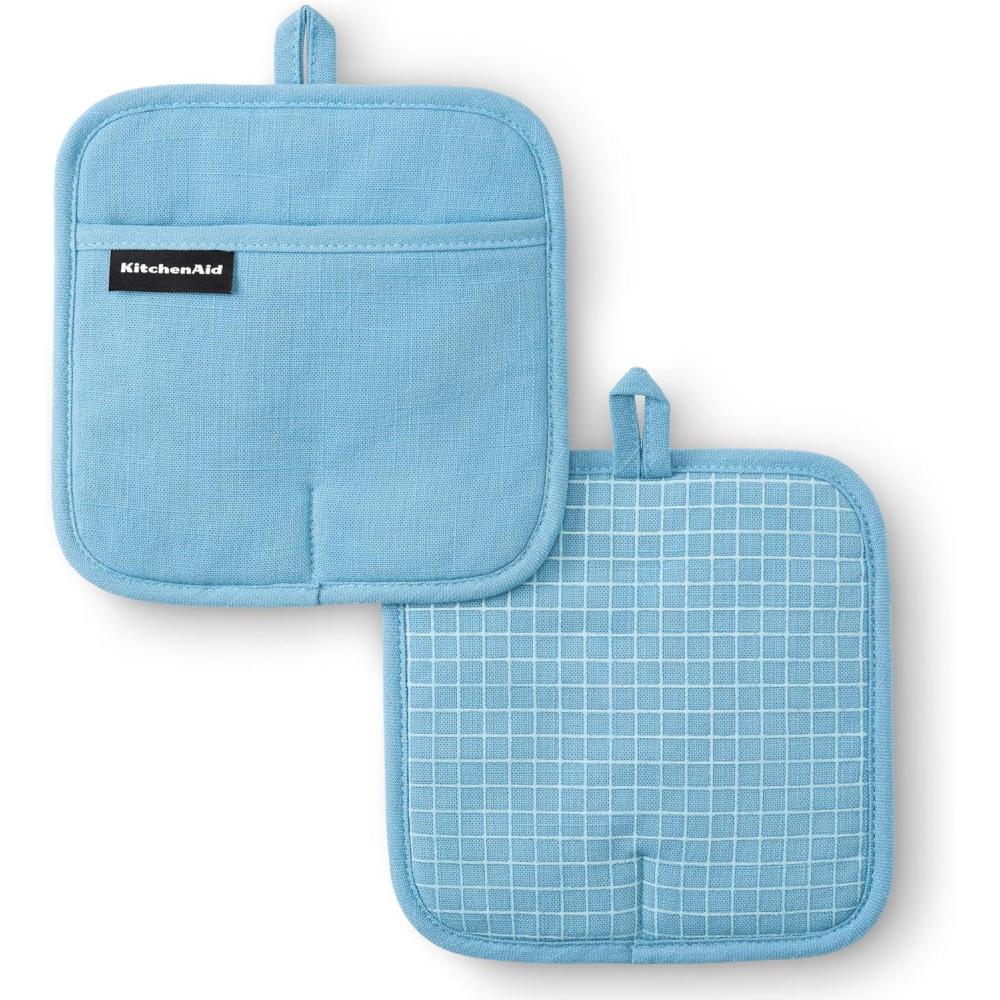 imageKITCHENAID Gourmet Series Gridlines Pot Holders 2Pack Set Heat Resistant up to 600F Soft Silicone Grip Magnetic Cuff Ink Blue 8quotx8quotBlue Velvet
