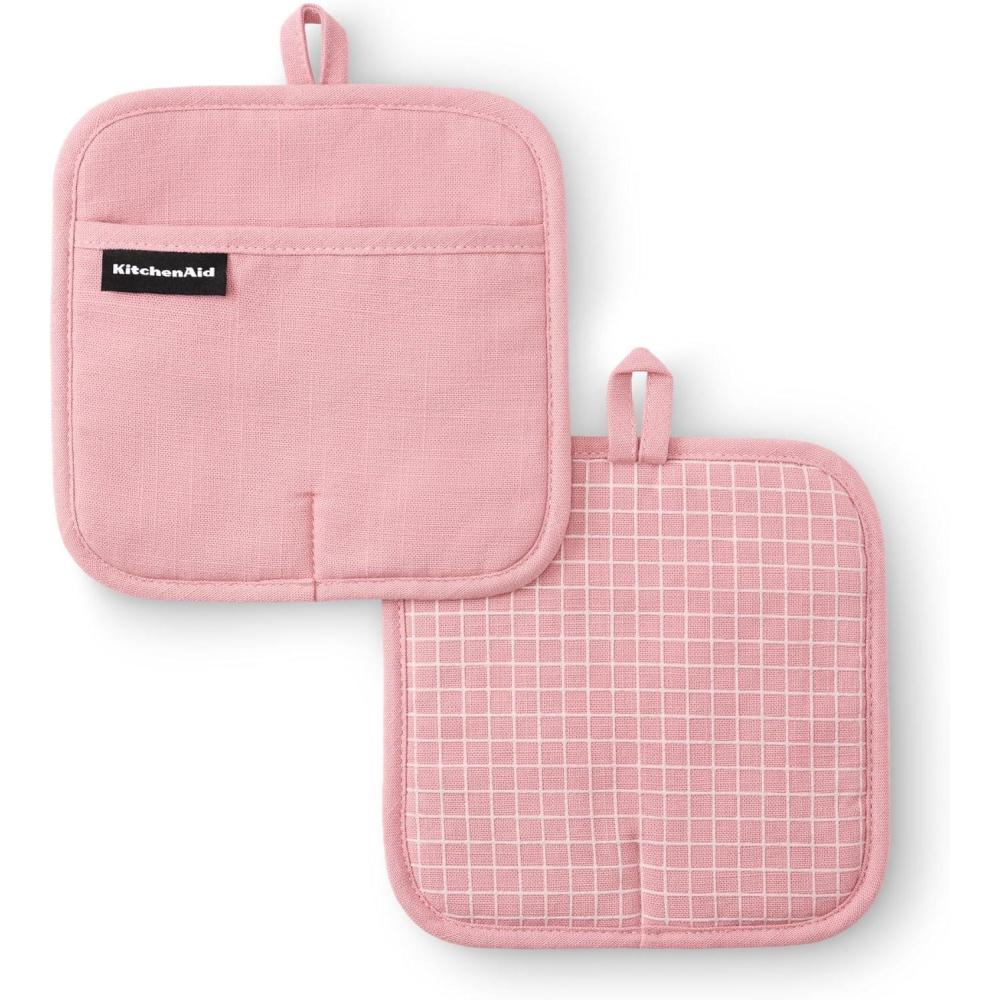 imageKITCHENAID Gourmet Series Gridlines Pot Holders 2Pack Set Heat Resistant up to 600F Soft Silicone Grip Magnetic Cuff Ink Blue 8quotx8quotDried Rose