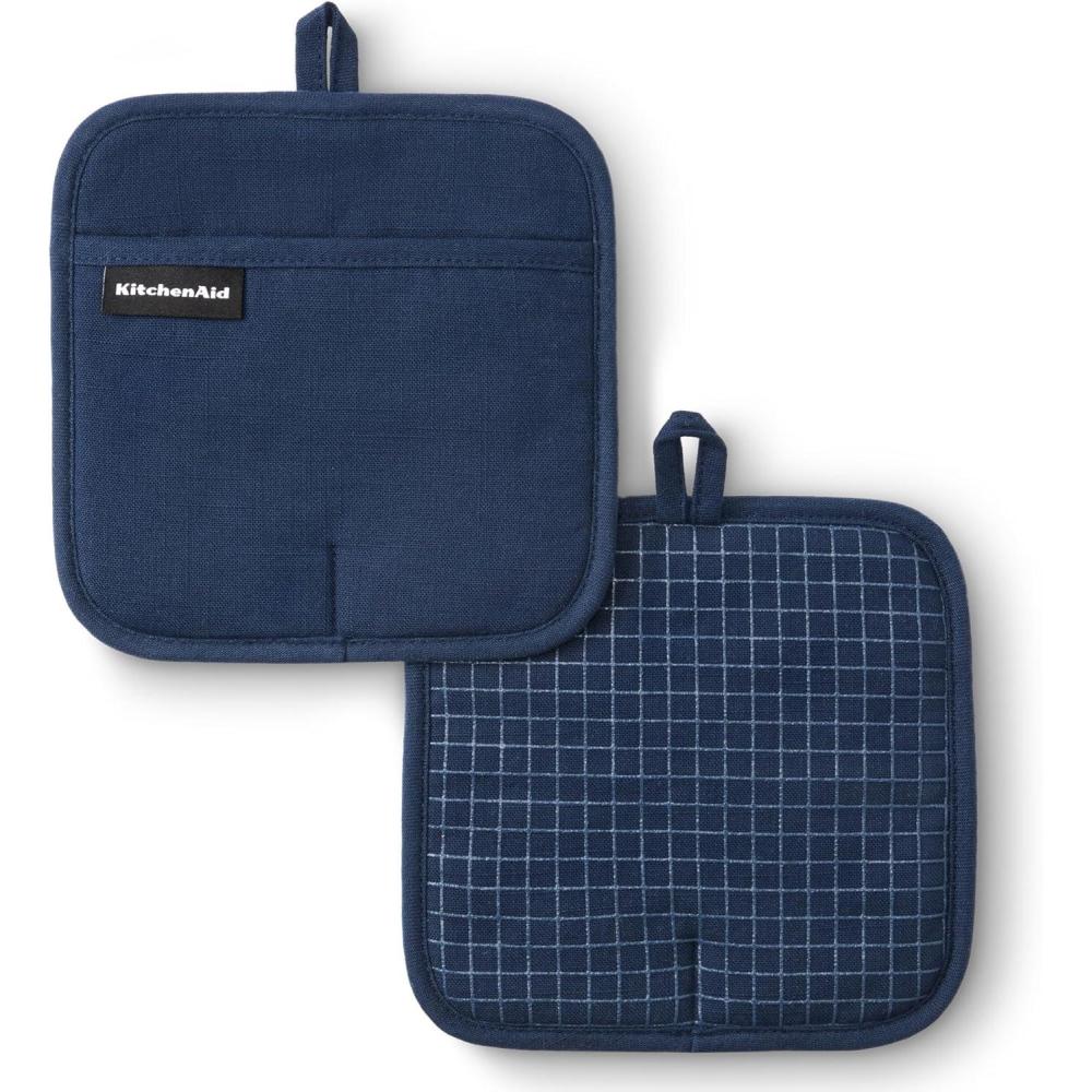imageKITCHENAID Gourmet Series Gridlines Pot Holders 2Pack Set Heat Resistant up to 600F Soft Silicone Grip Magnetic Cuff Ink Blue 8quotx8quotInk Blue