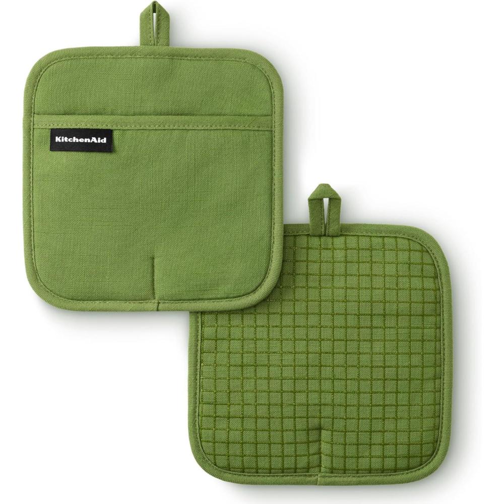 imageKITCHENAID Gourmet Series Gridlines Pot Holders 2Pack Set Heat Resistant up to 600F Soft Silicone Grip Magnetic Cuff Ink Blue 8quotx8quotMatcha Green
