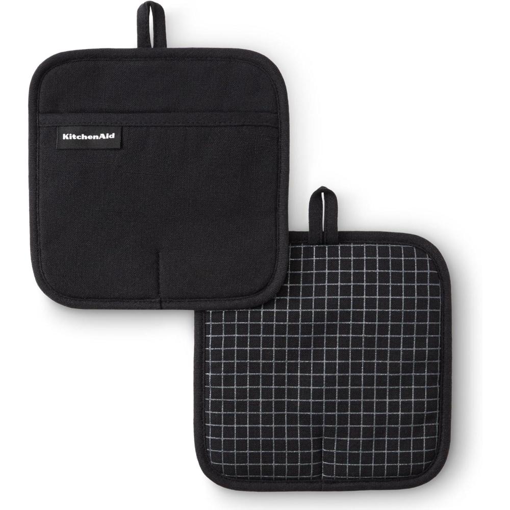 imageKITCHENAID Gourmet Series Gridlines Pot Holders 2Pack Set Heat Resistant up to 600F Soft Silicone Grip Magnetic Cuff Ink Blue 8quotx8quotMatte Black