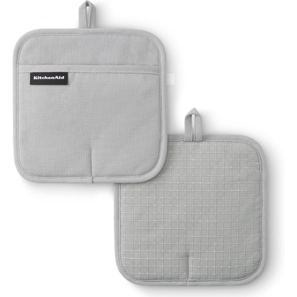 imageKITCHENAID Gourmet Series Gridlines Pot Holders 2Pack Set Heat Resistant up to 600F Soft Silicone Grip Magnetic Cuff Ink Blue 8quotx8quotMatte Grey