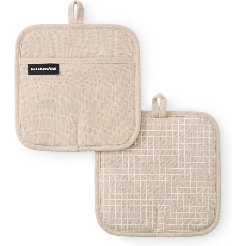 imageKITCHENAID Gourmet Series Gridlines Pot Holders 2Pack Set Heat Resistant up to 600F Soft Silicone Grip Magnetic Cuff Ink Blue 8quotx8quotMilkshake Tan