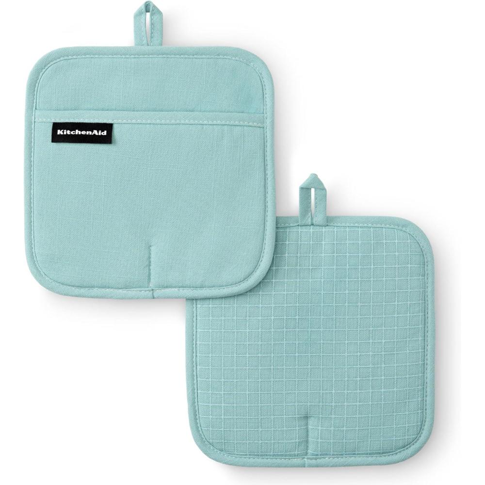imageKITCHENAID Gourmet Series Gridlines Pot Holders 2Pack Set Heat Resistant up to 600F Soft Silicone Grip Magnetic Cuff Ink Blue 8quotx8quotMineral Water Aqua