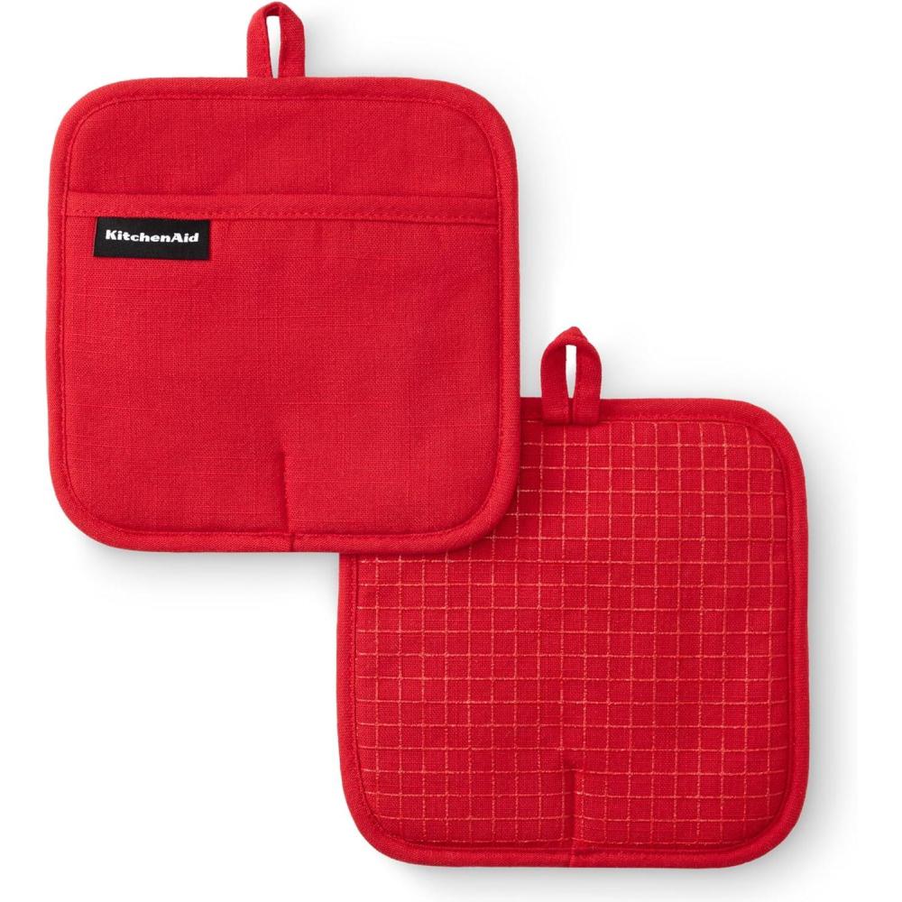 imageKITCHENAID Gourmet Series Gridlines Pot Holders 2Pack Set Heat Resistant up to 600F Soft Silicone Grip Magnetic Cuff Ink Blue 8quotx8quotPassion Red